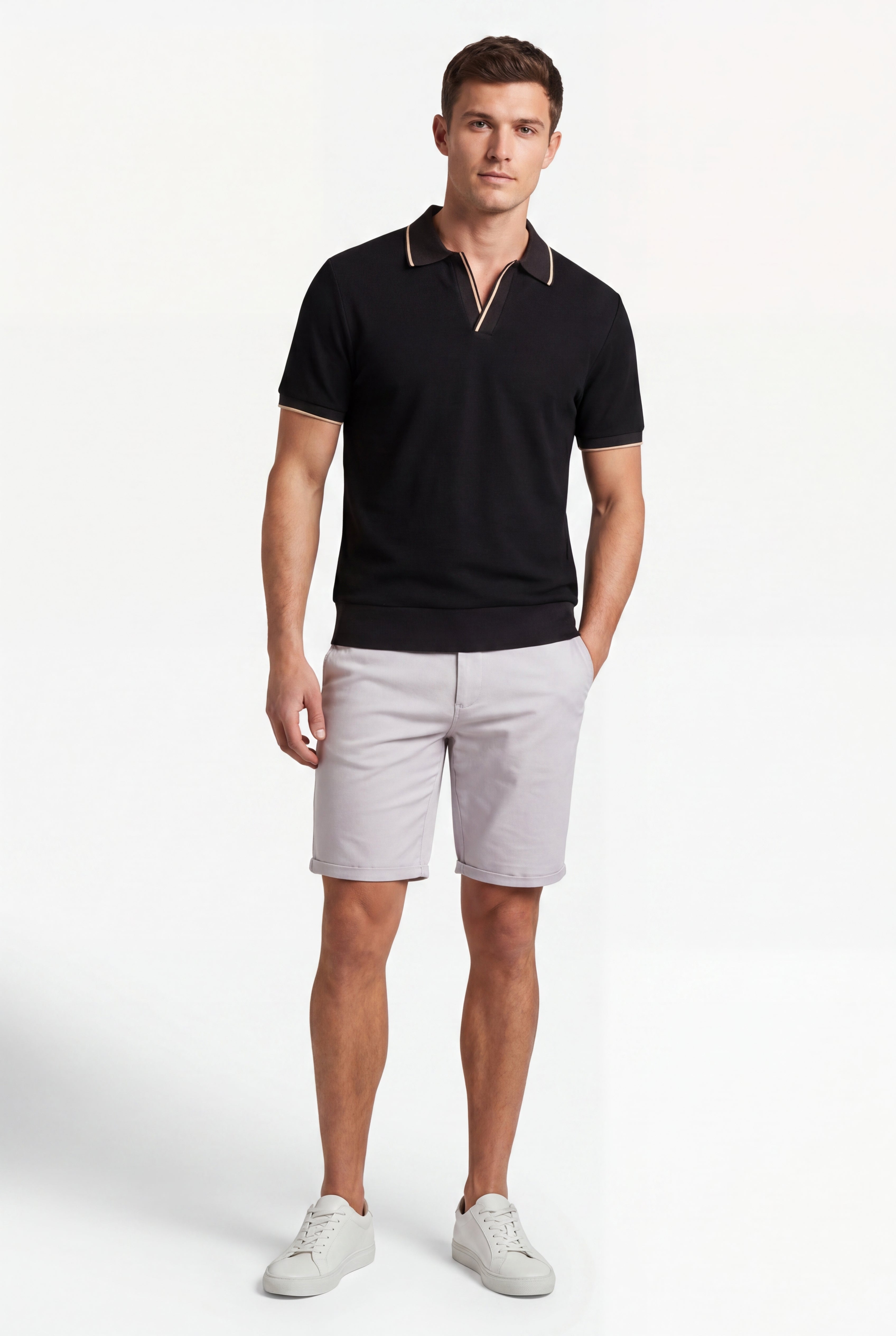 open collar -Black × Chino Short-Light-Grey — Combo Look