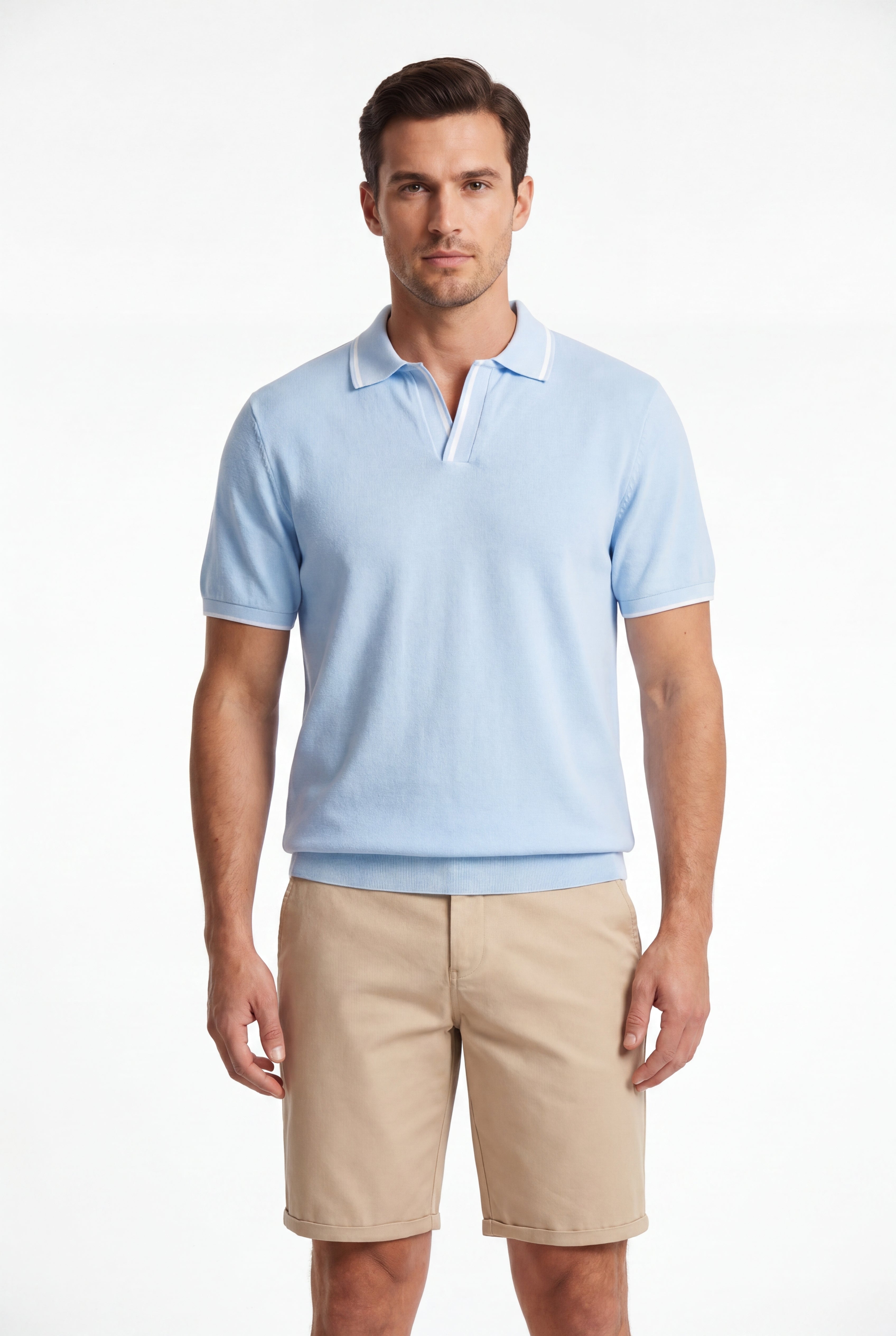open collar -Baby-Blue × Chino Short-Beige — Combo Look