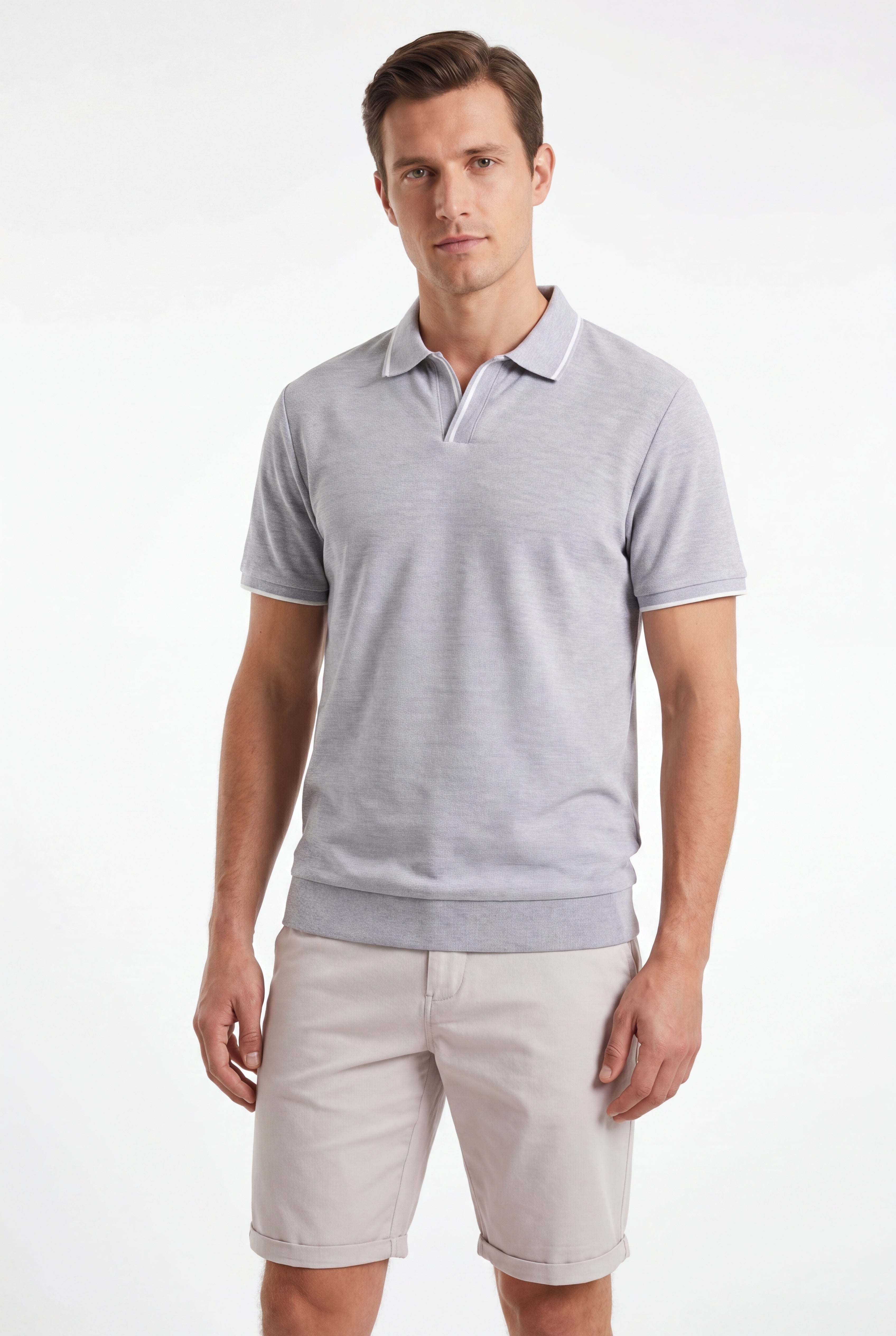 open collar -Light-Gray × Chino Short-Light-Grey — Combo Look