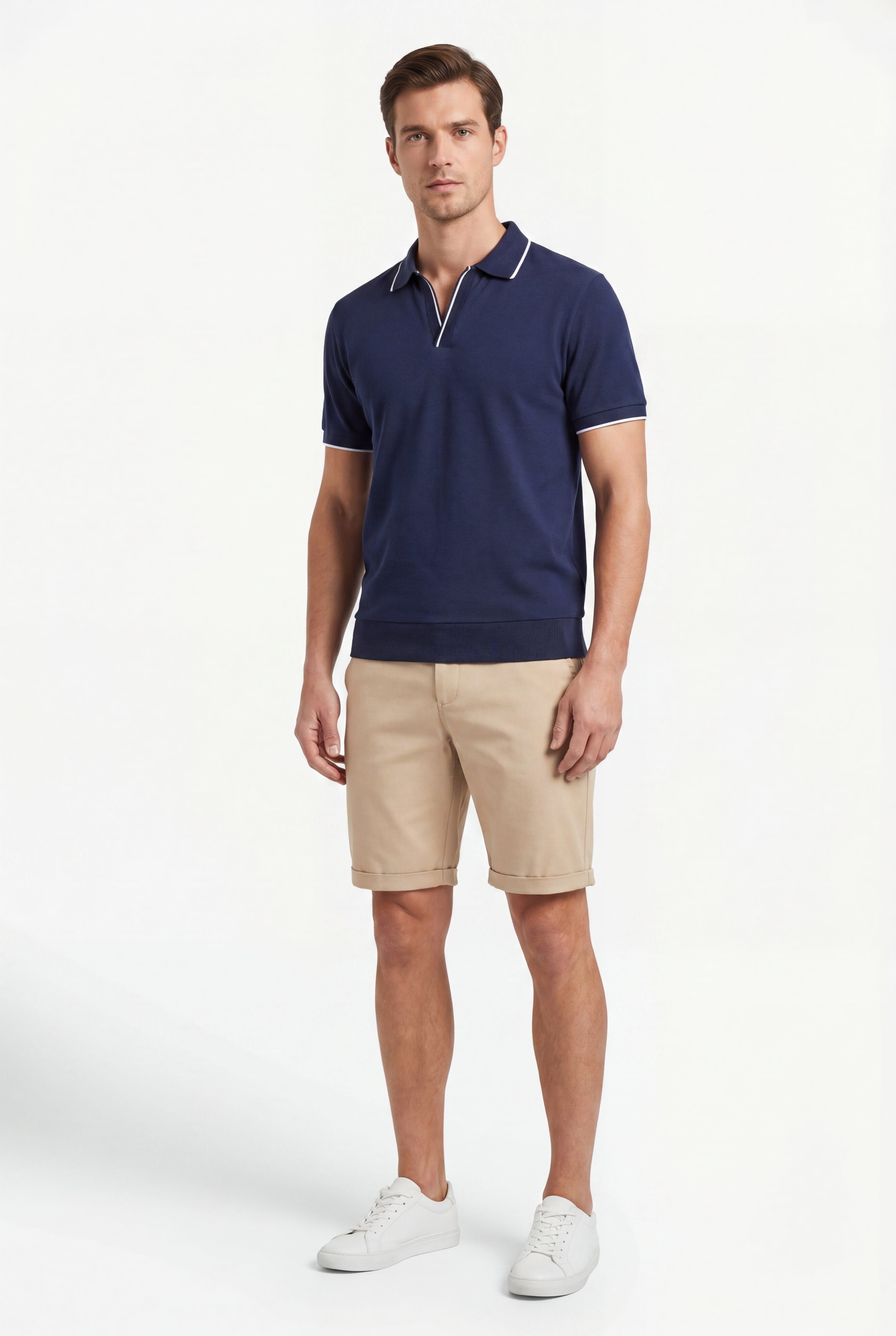 open collar -Navy × Chino Short-Beige — Combo Look