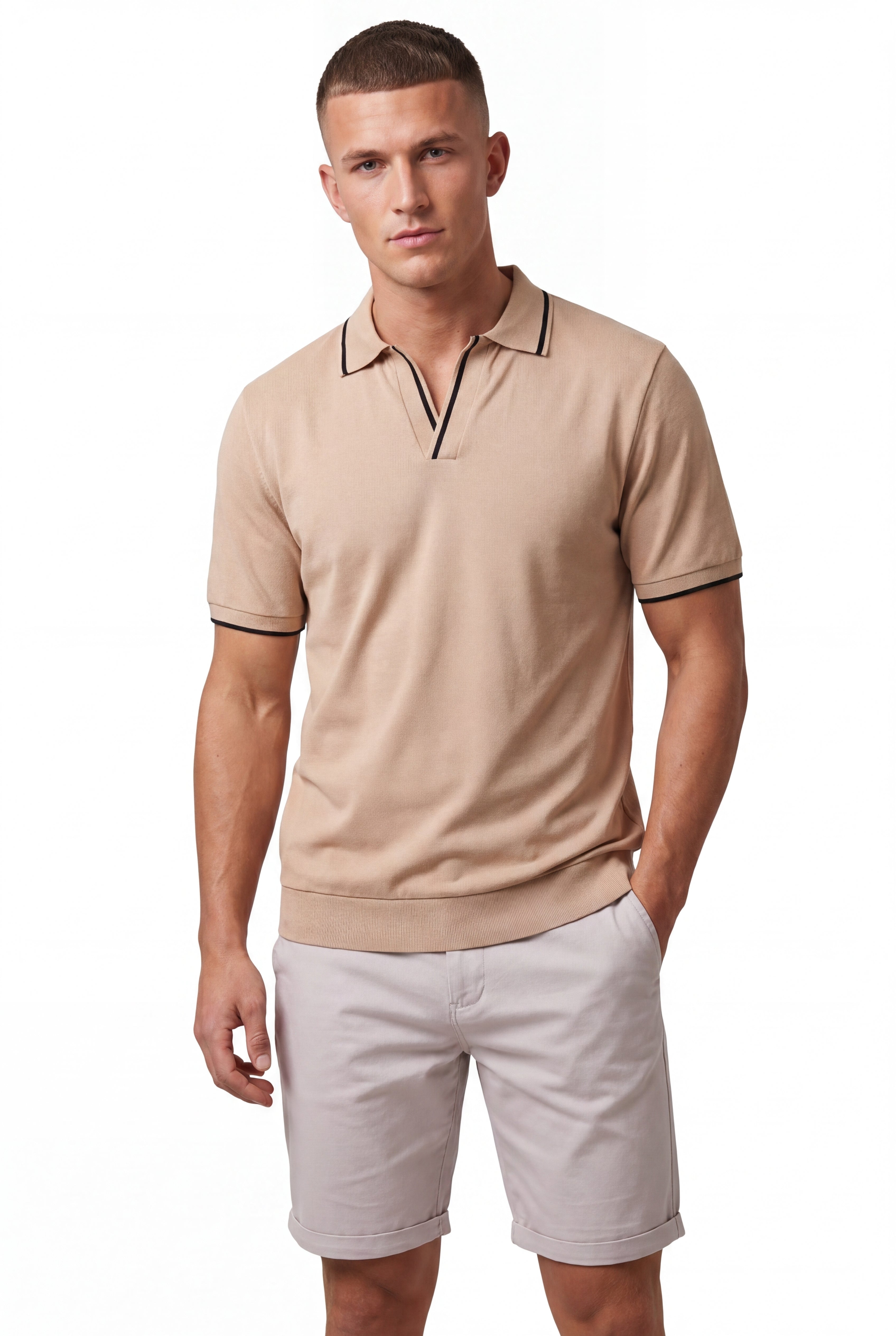 open collar -Tan × Chino Short-Light-Grey — Combo Look