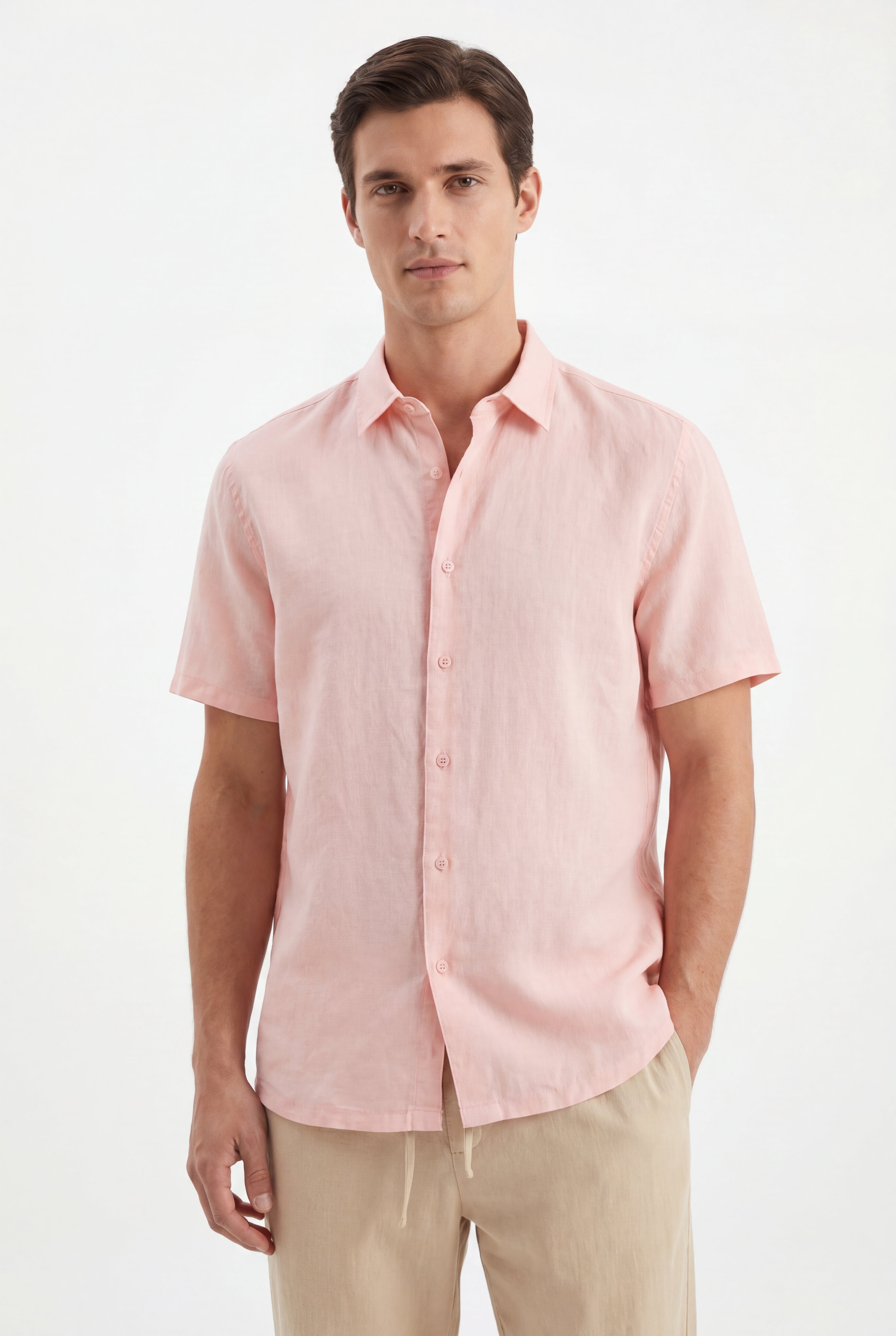 linen short sleeves -Pink × Linen Pants-Beige — Combo Look