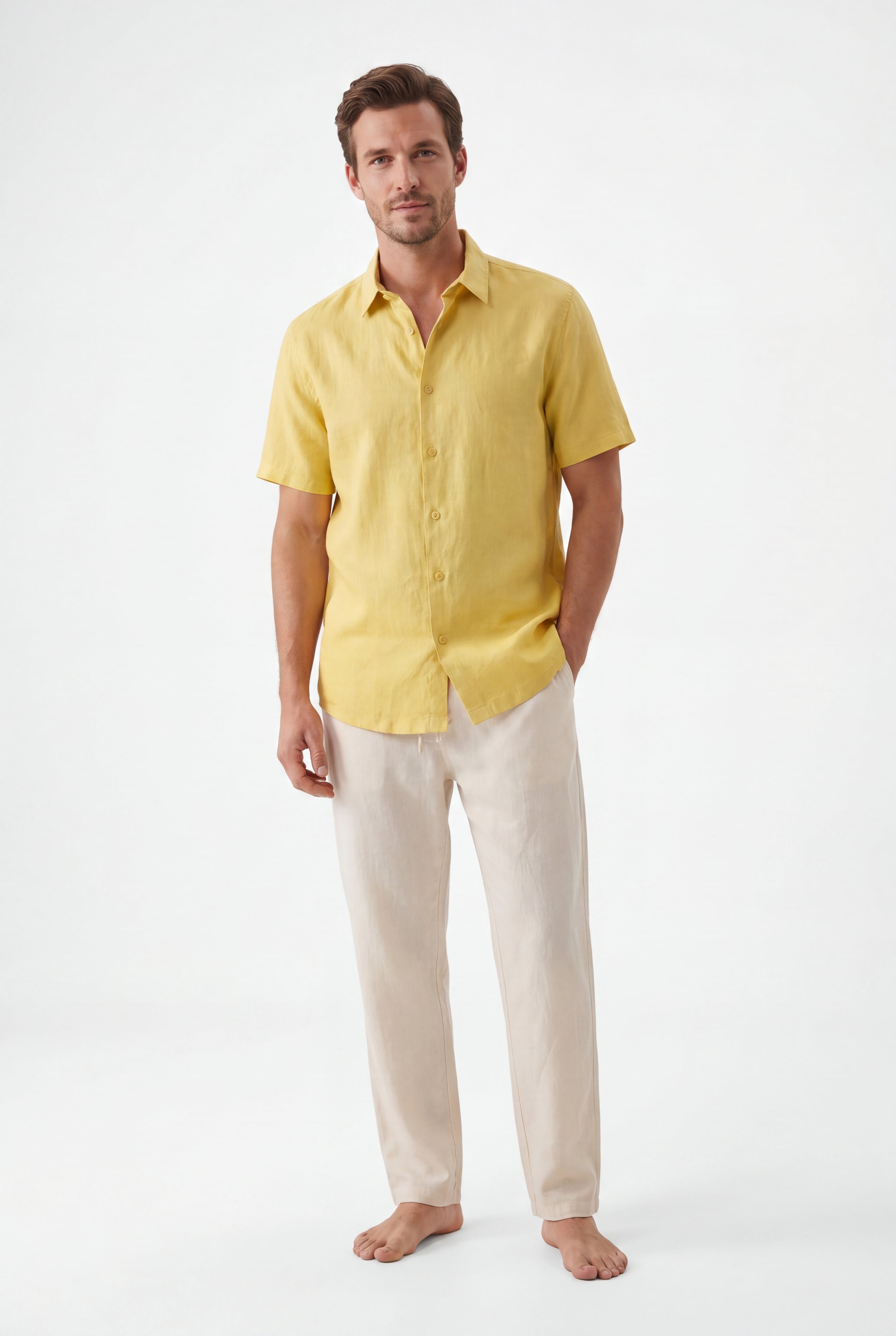 Linen Short Sleeves-Lemon-Yellow × Linen Pants-Ivory — Combo Look
