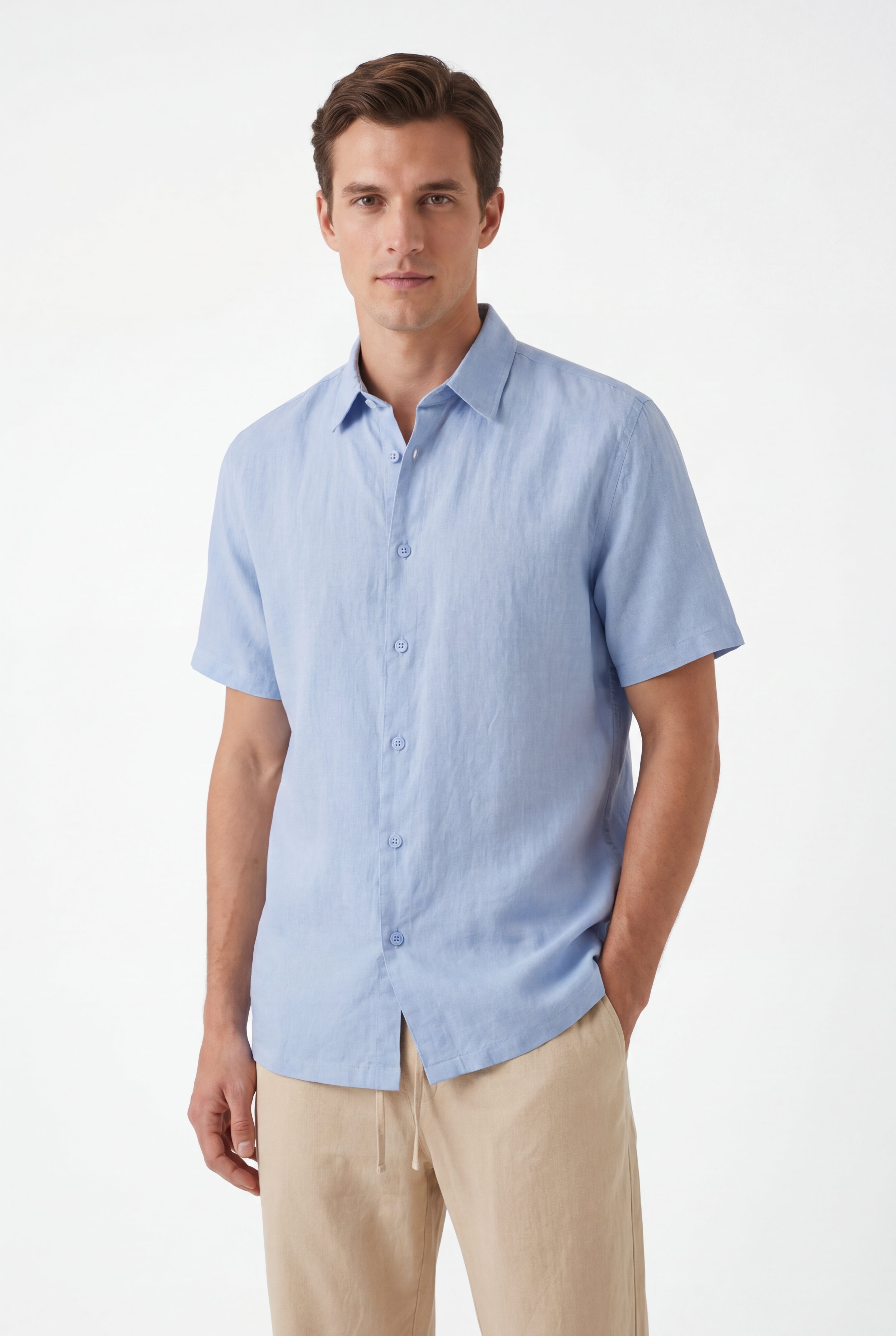 Linen Short Sleeves-Ocean-Blue × Linen Pants-Beige — Combo Look