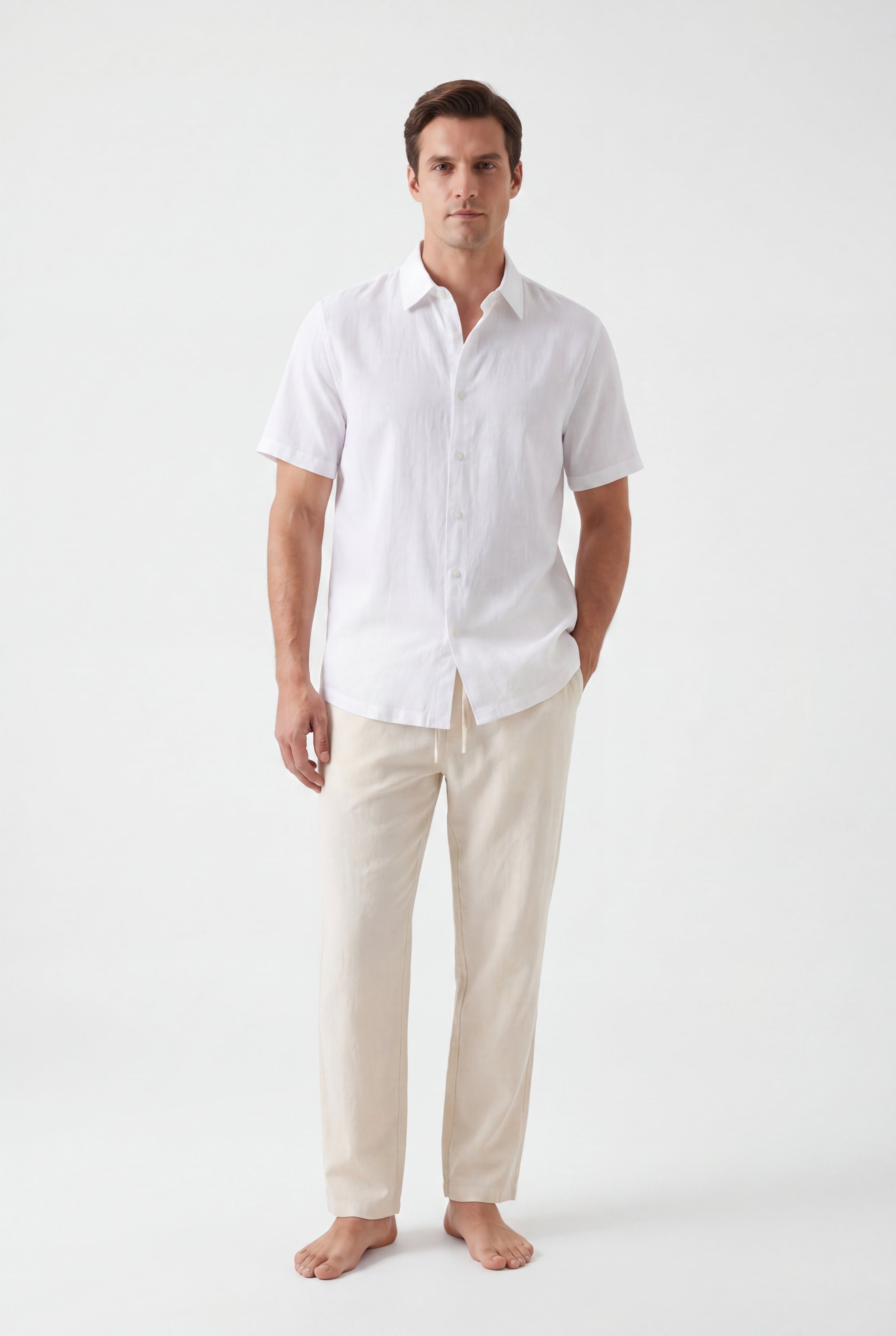 Linen Short Sleeves-White × Linen Pants-Ivory — Combo Look