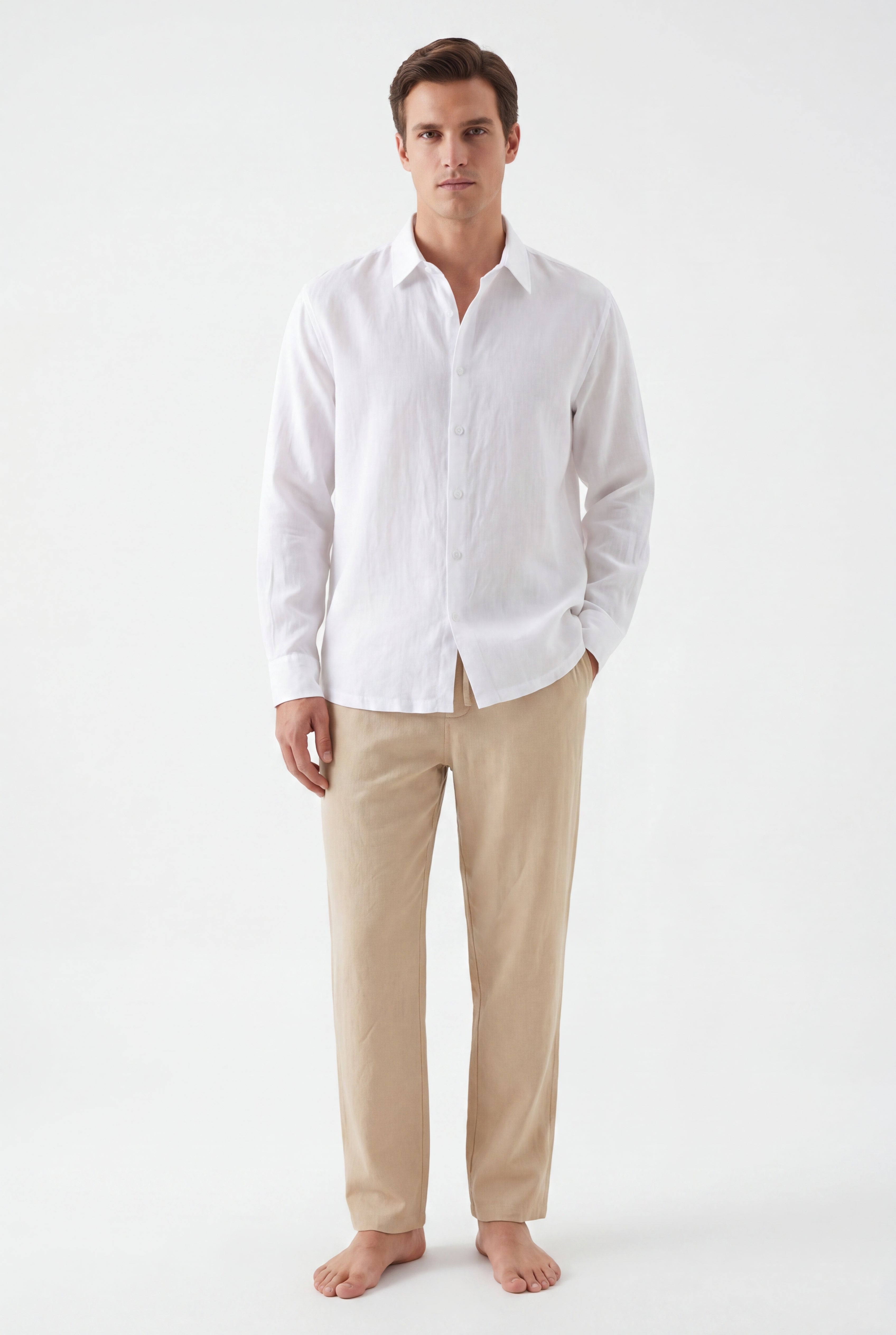 Linen Long Sleeves-White × Linen Pants-Beige — Combo Look