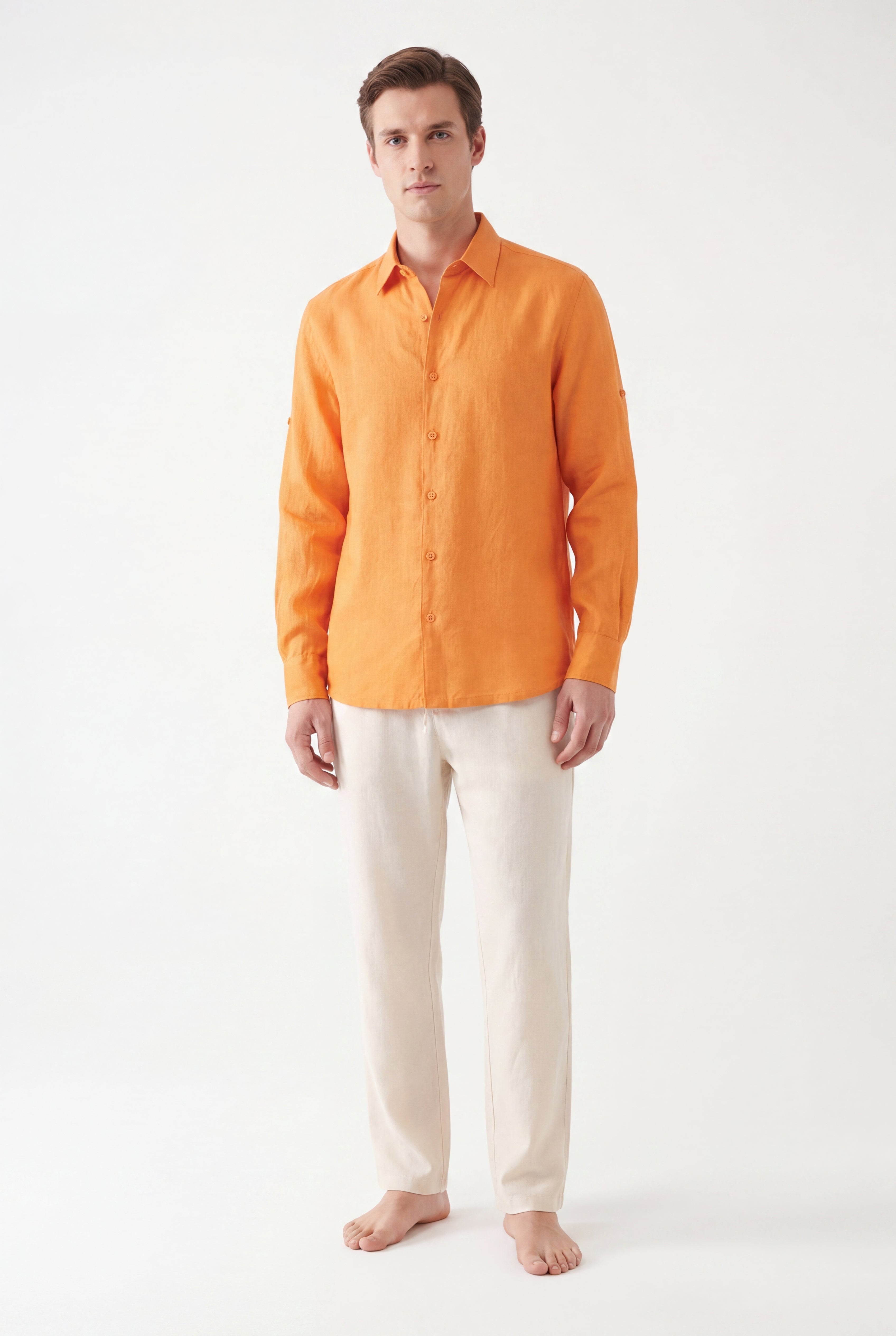 Linen Long Sleeves-Orange × Linen Pants-Ivory — Combo Look