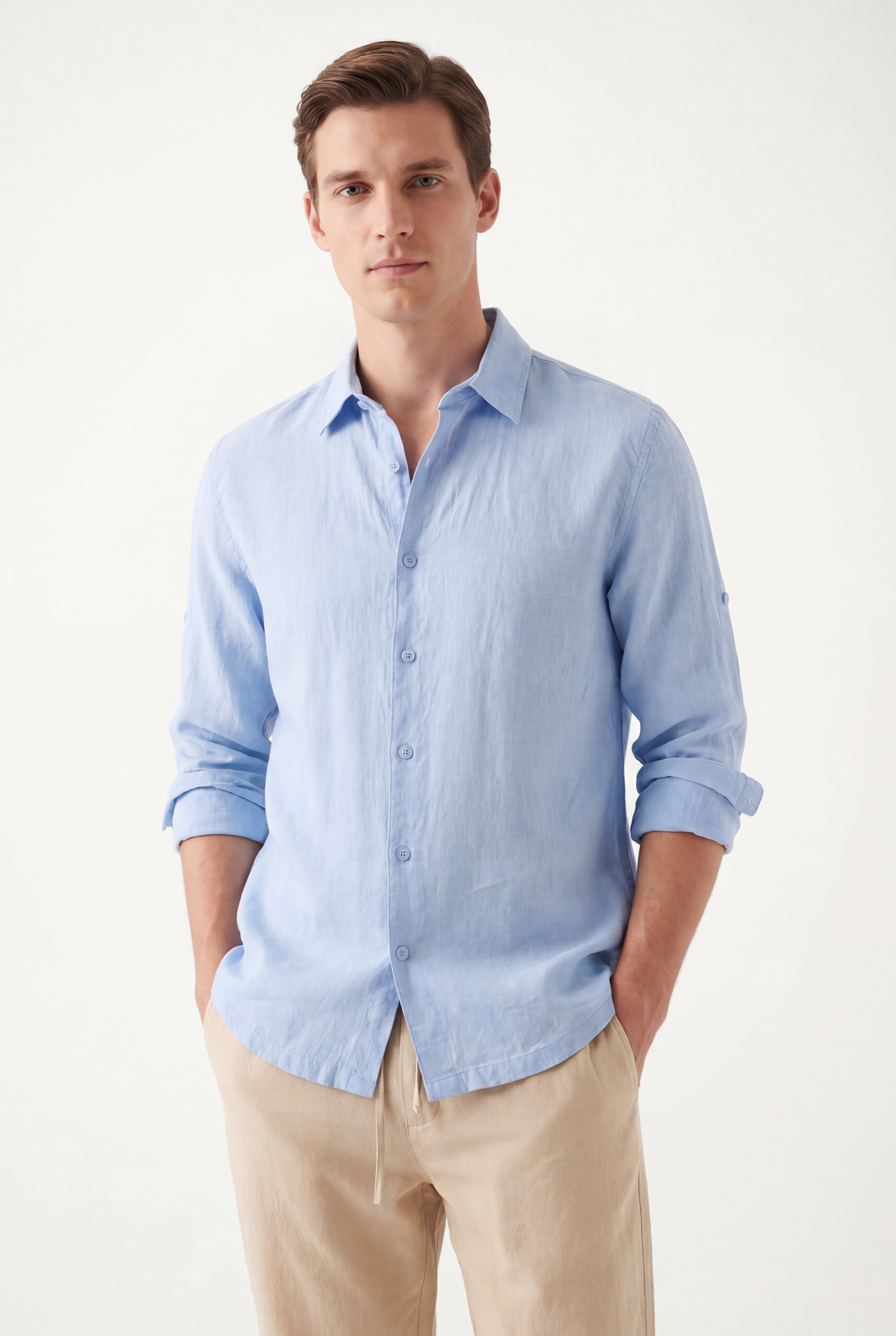 Linen Long Sleeves-Ocean-Blue × Linen Pants-Beige — Combo Look