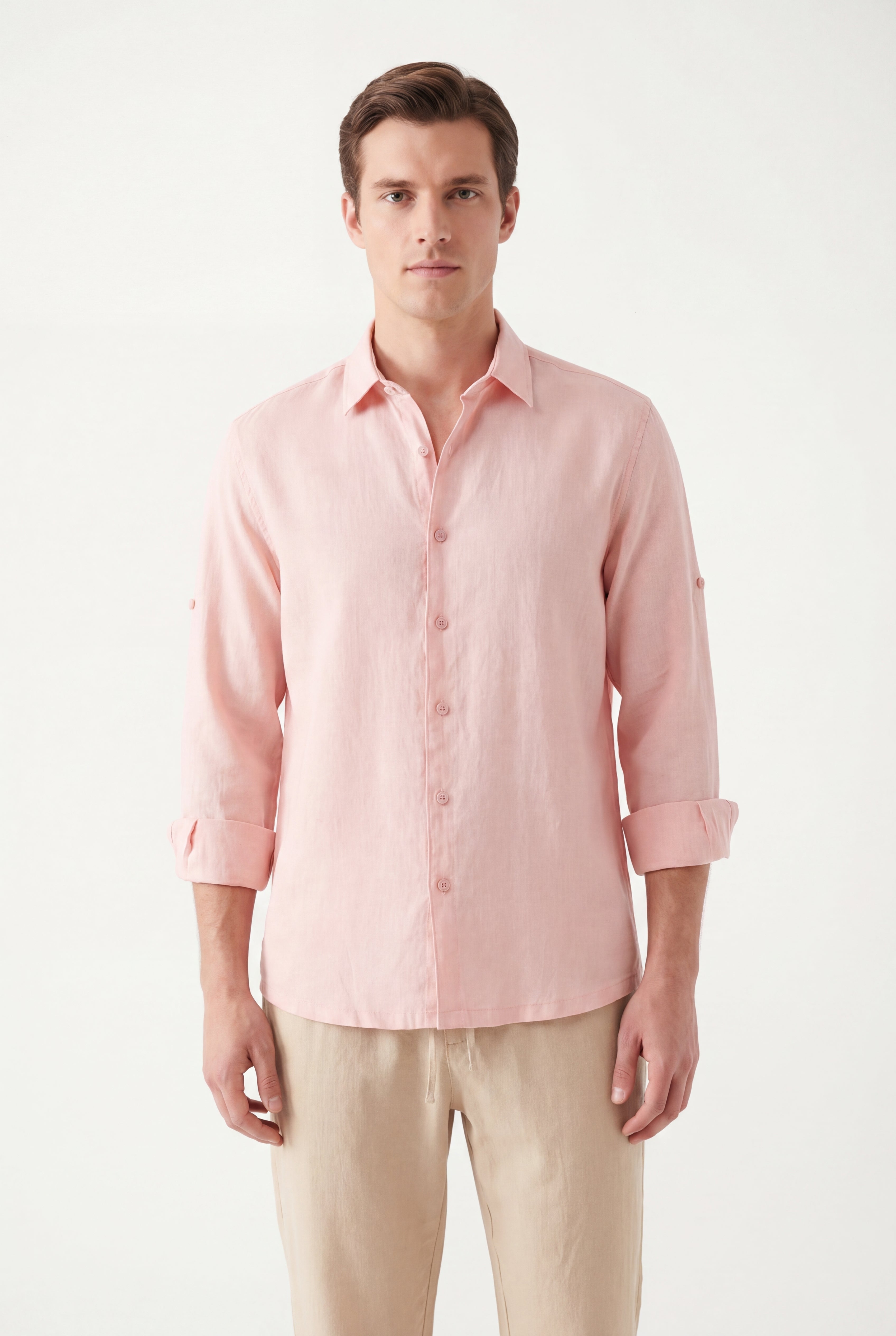 Linen Long Sleeves-Pink × Linen Pants-Beige — Combo Look