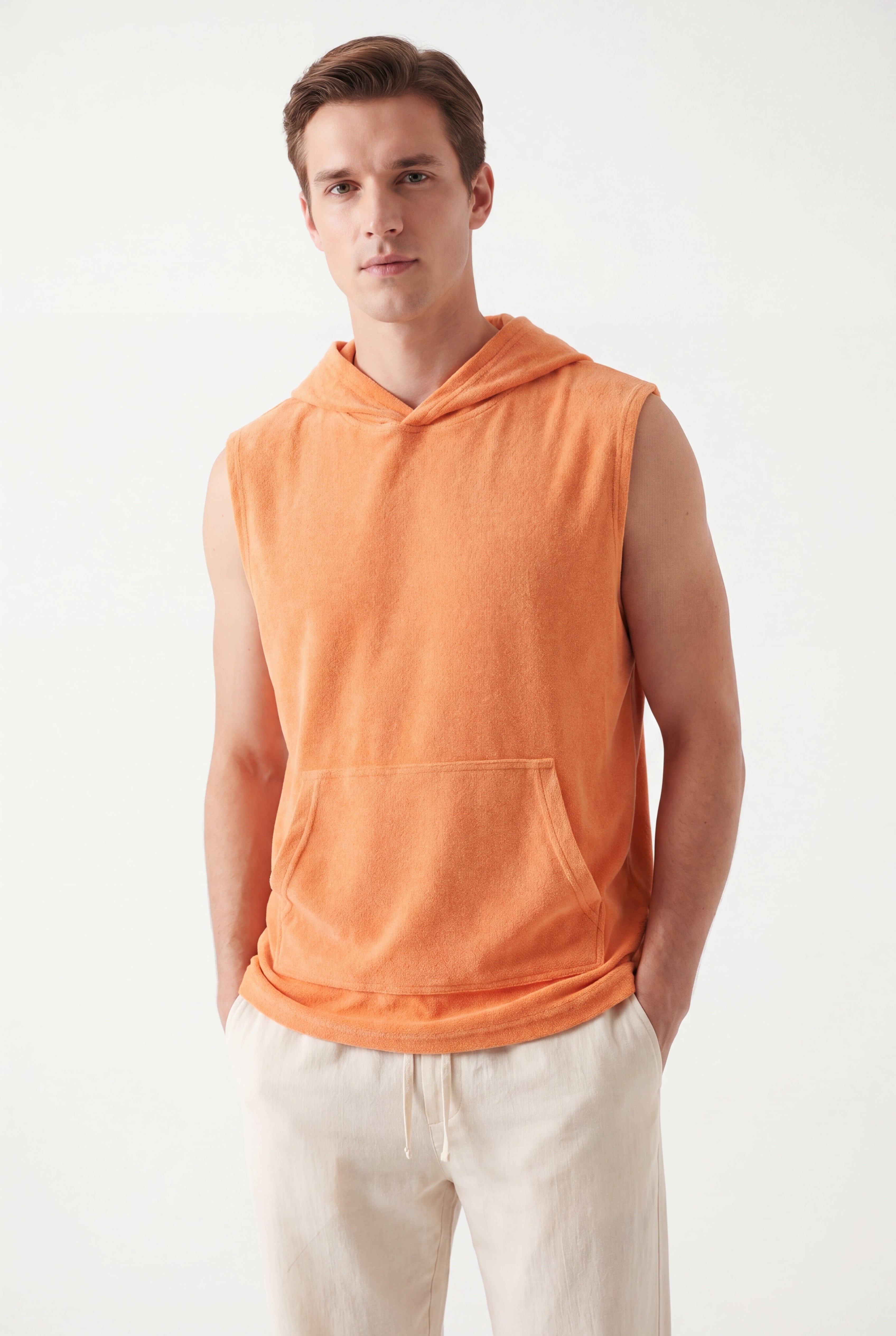 Towel Hoodie-Orange × Linen Pants-Ivory — Combo Look
