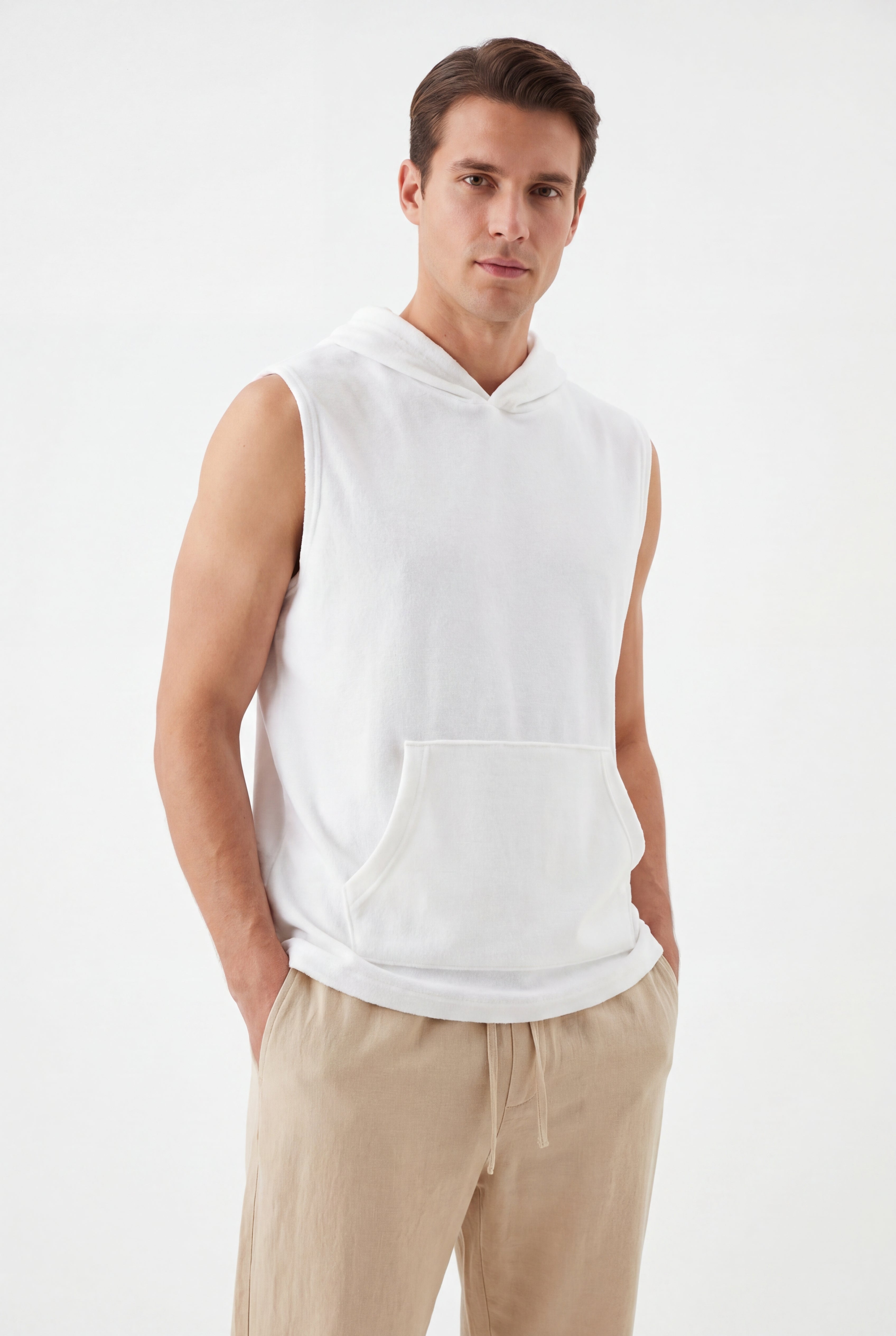 Towel Hoodie-White × Linen Pants-Beige — Combo Look