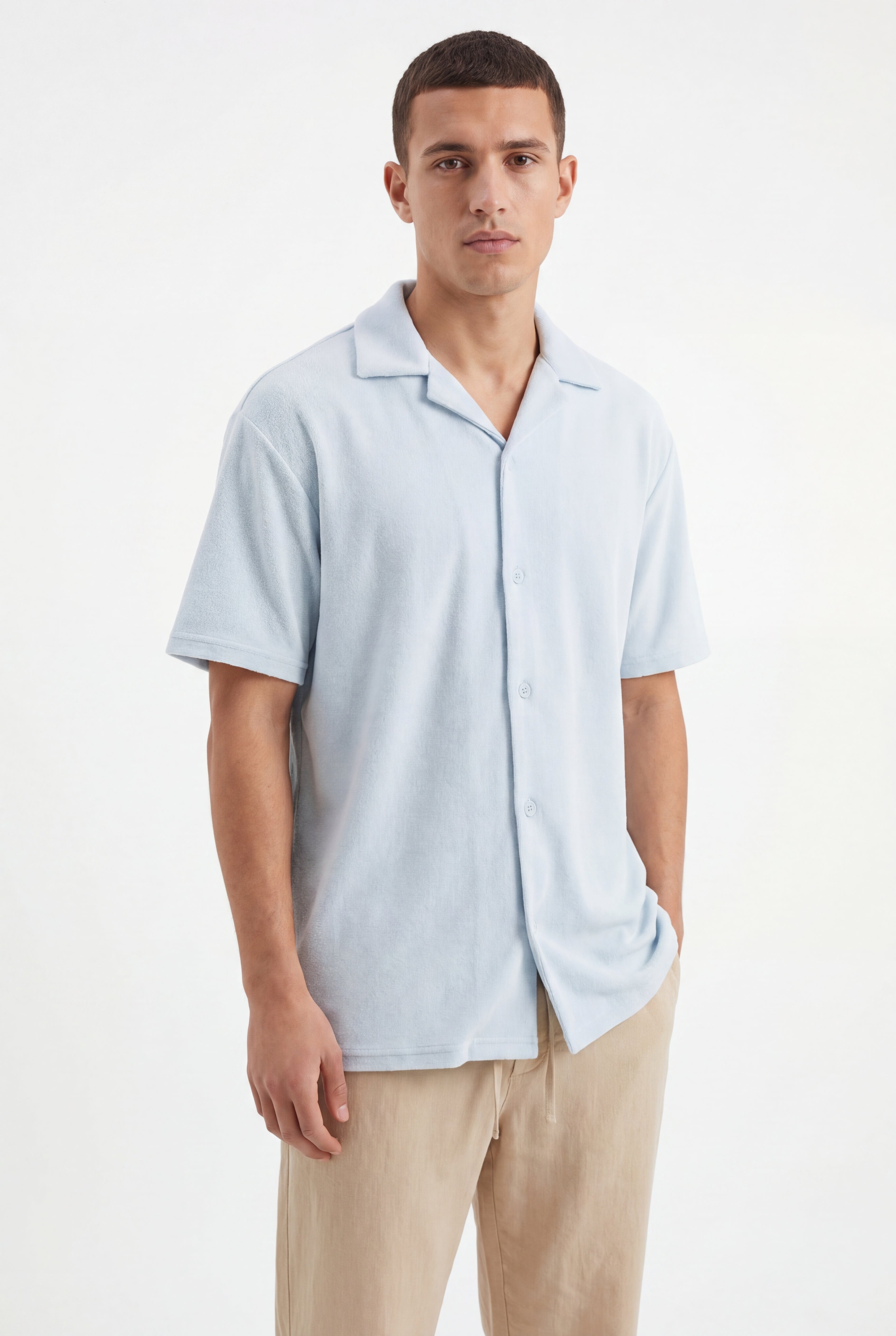 toweling howell -Sky-Blue × Linen Pants-Beige — Combo Look