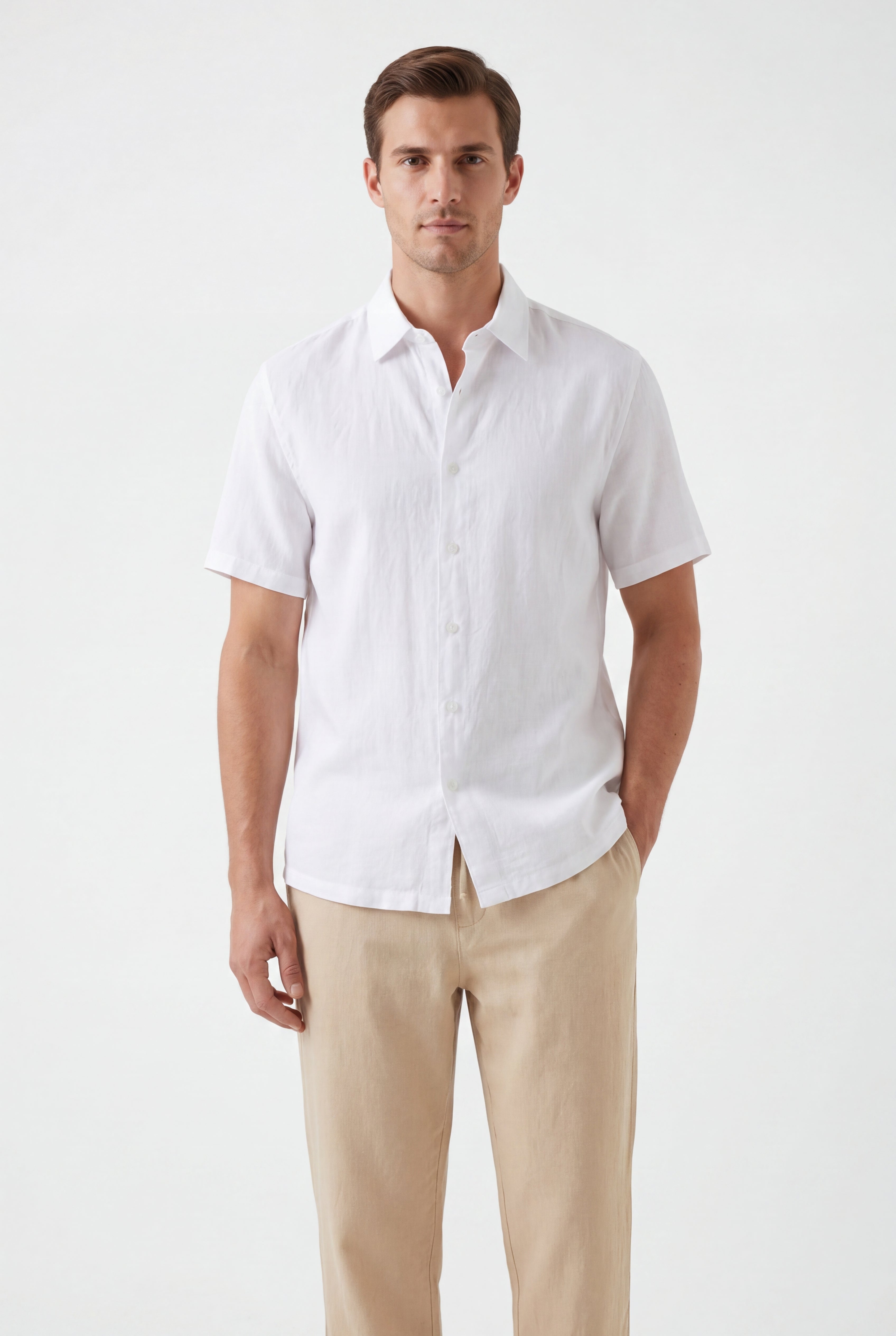Linen Pants-Beige × Linen Short Sleeves-White — Combo Look