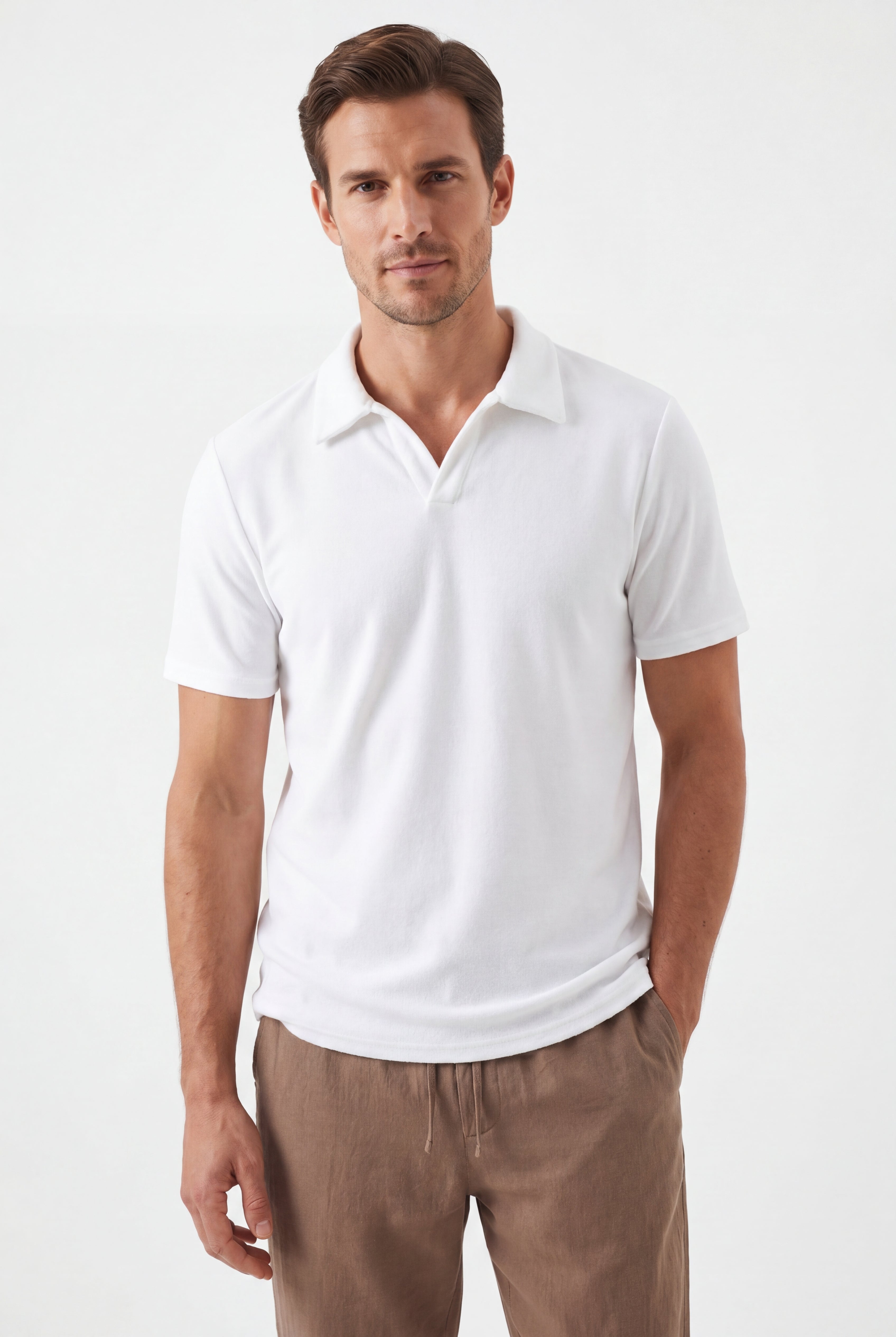 Linen Pants-Brown × Towel Polo-White — Combo Look