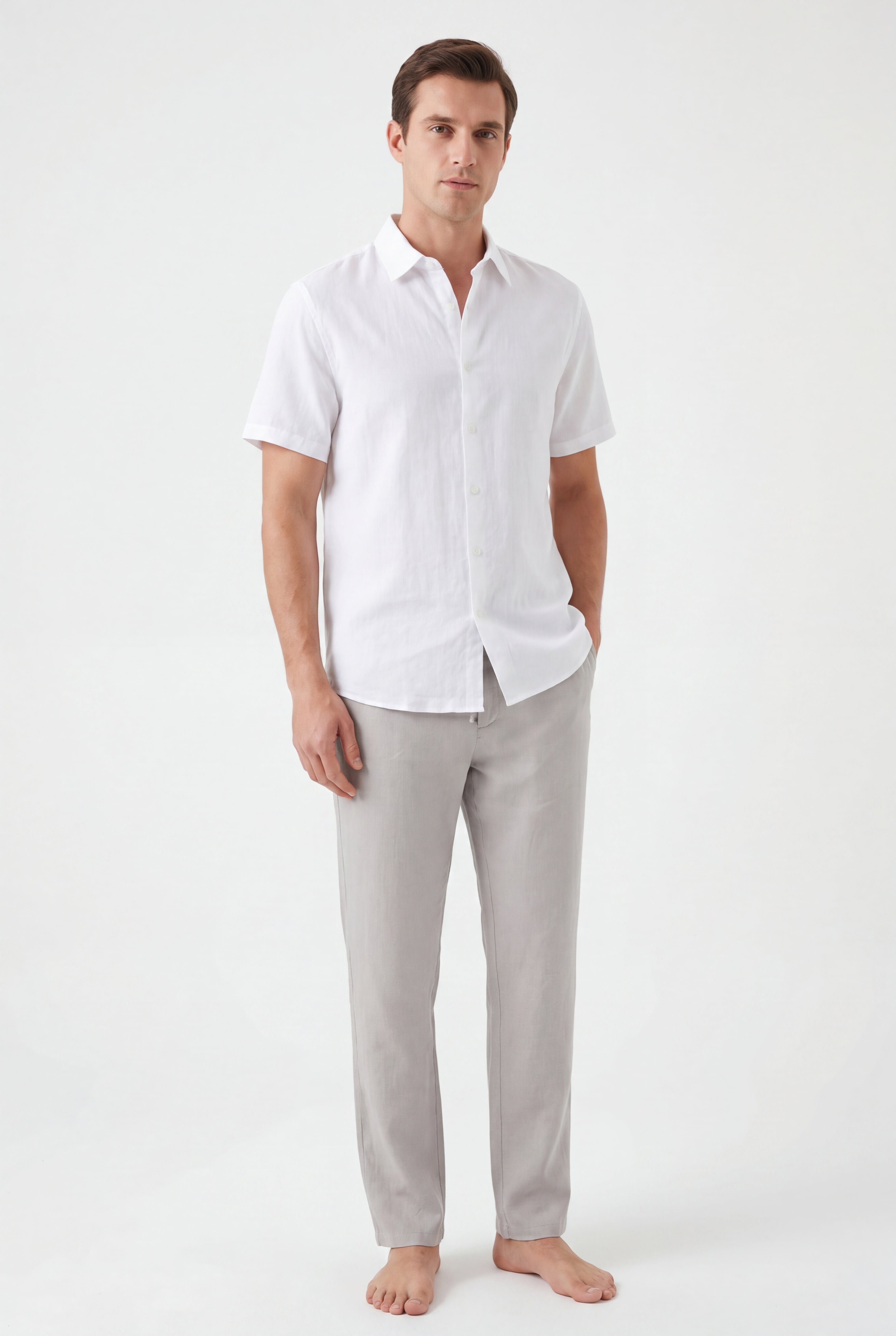 Linen Pants-Grey × Linen Short Sleeves-White — Combo Look