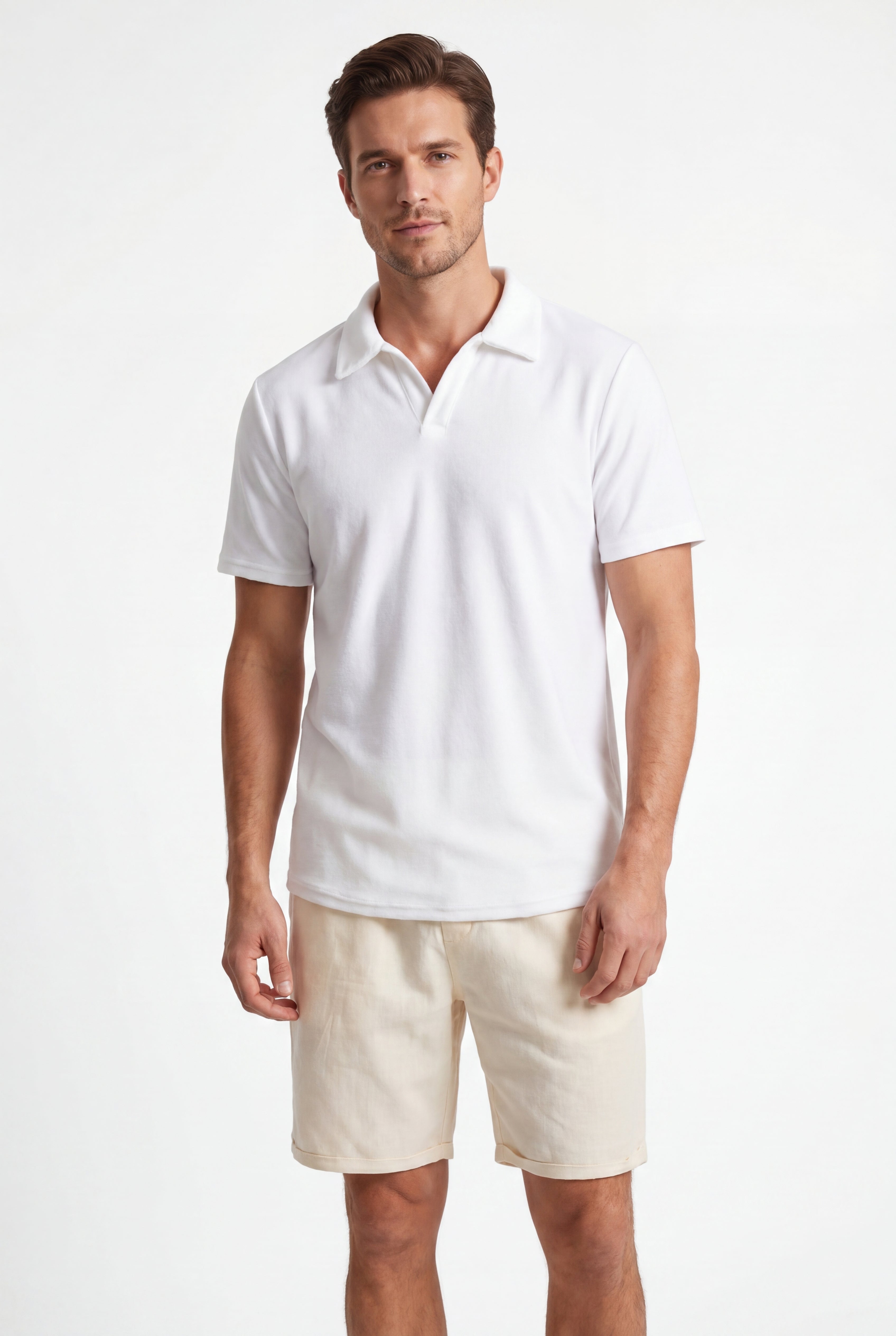 Linen Short-Ivory × Towel Polo-White — Combo Look
