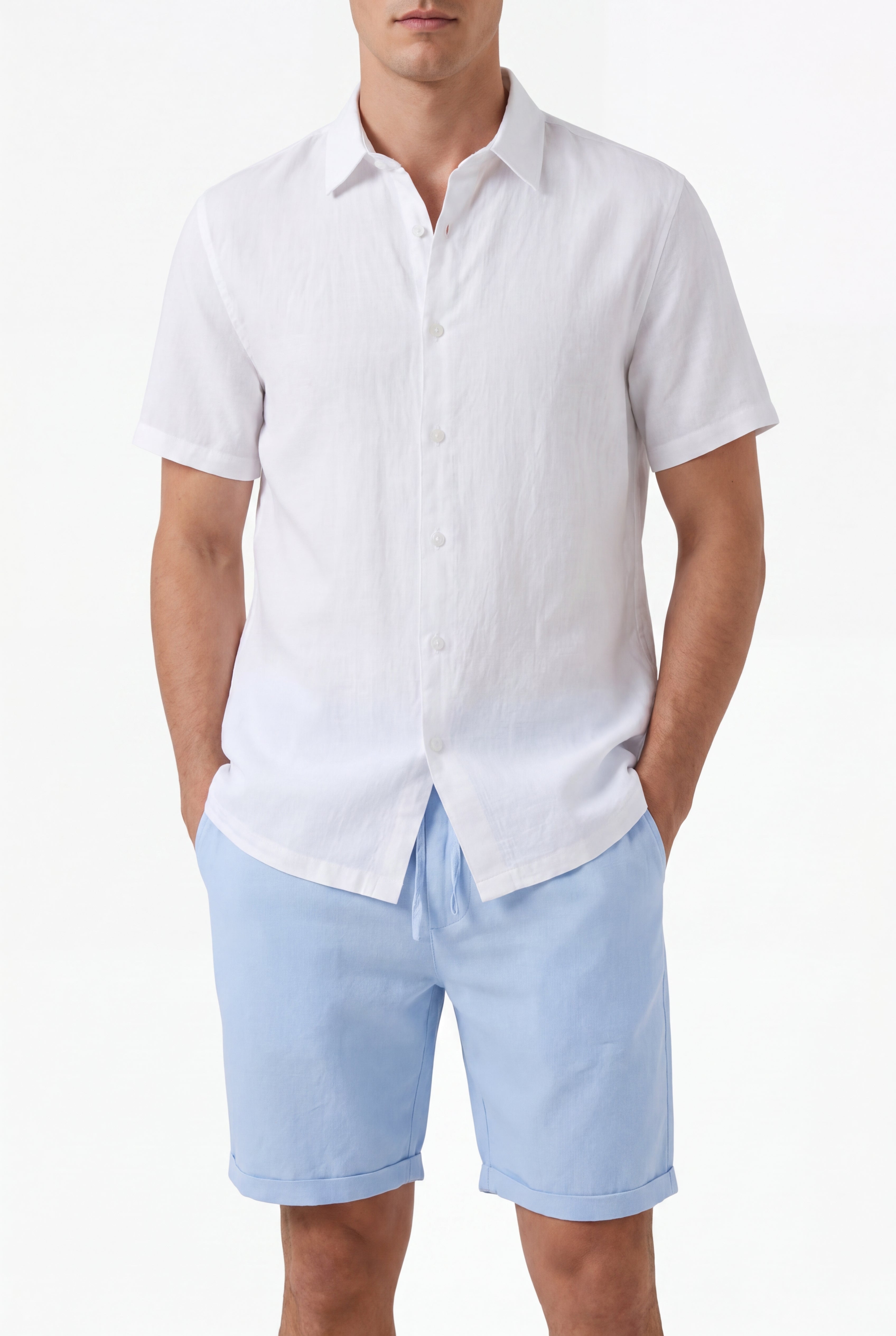 Linen Short-Ocean-Blue × Linen Short Sleeves-White — Combo Look