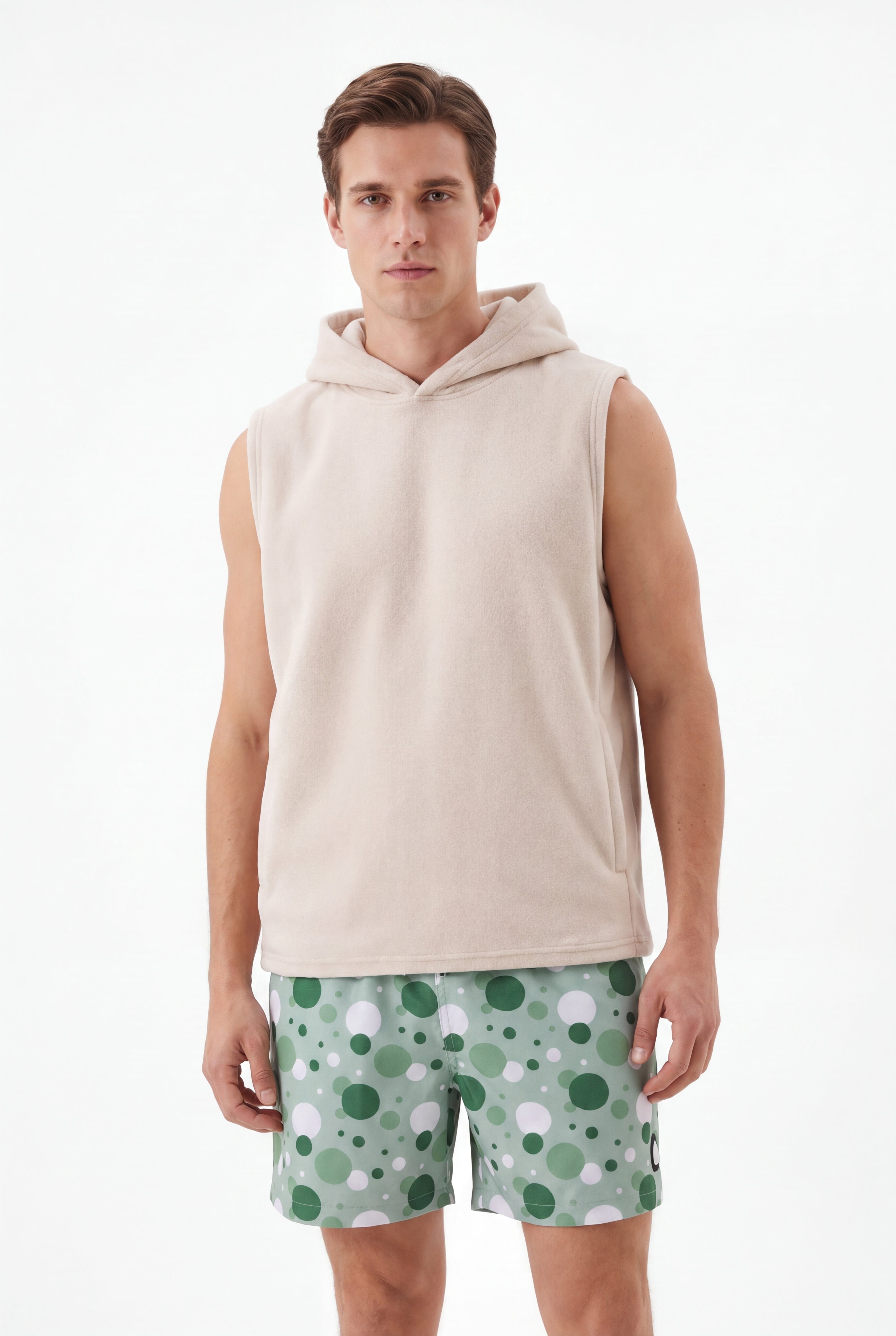 Bubble Swim Short -Green × Towel Hoodie-Beige — Combo Look