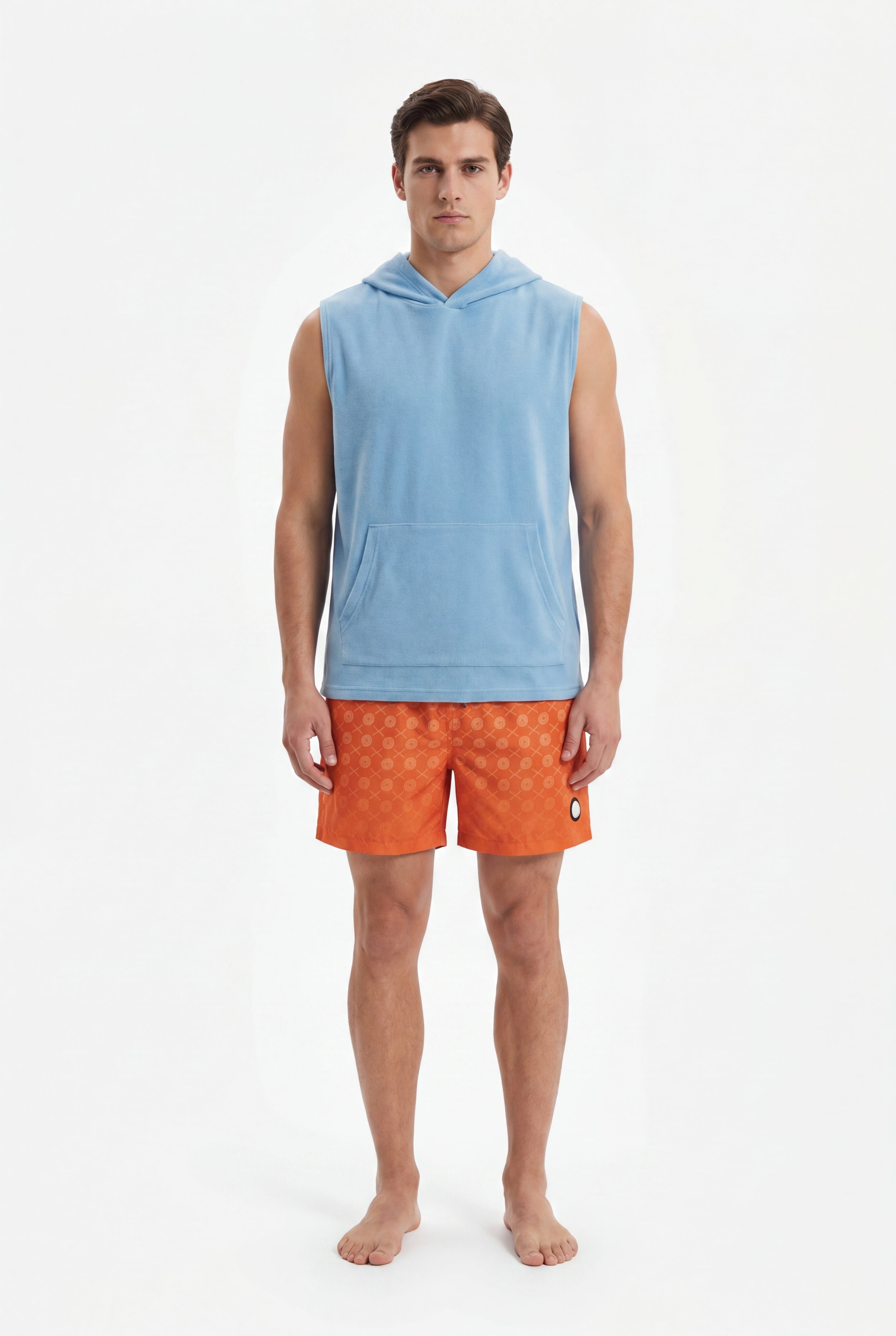 Signature Swim Shorts -Orange × Towel Hoodie-Baby-Blue — Combo Look