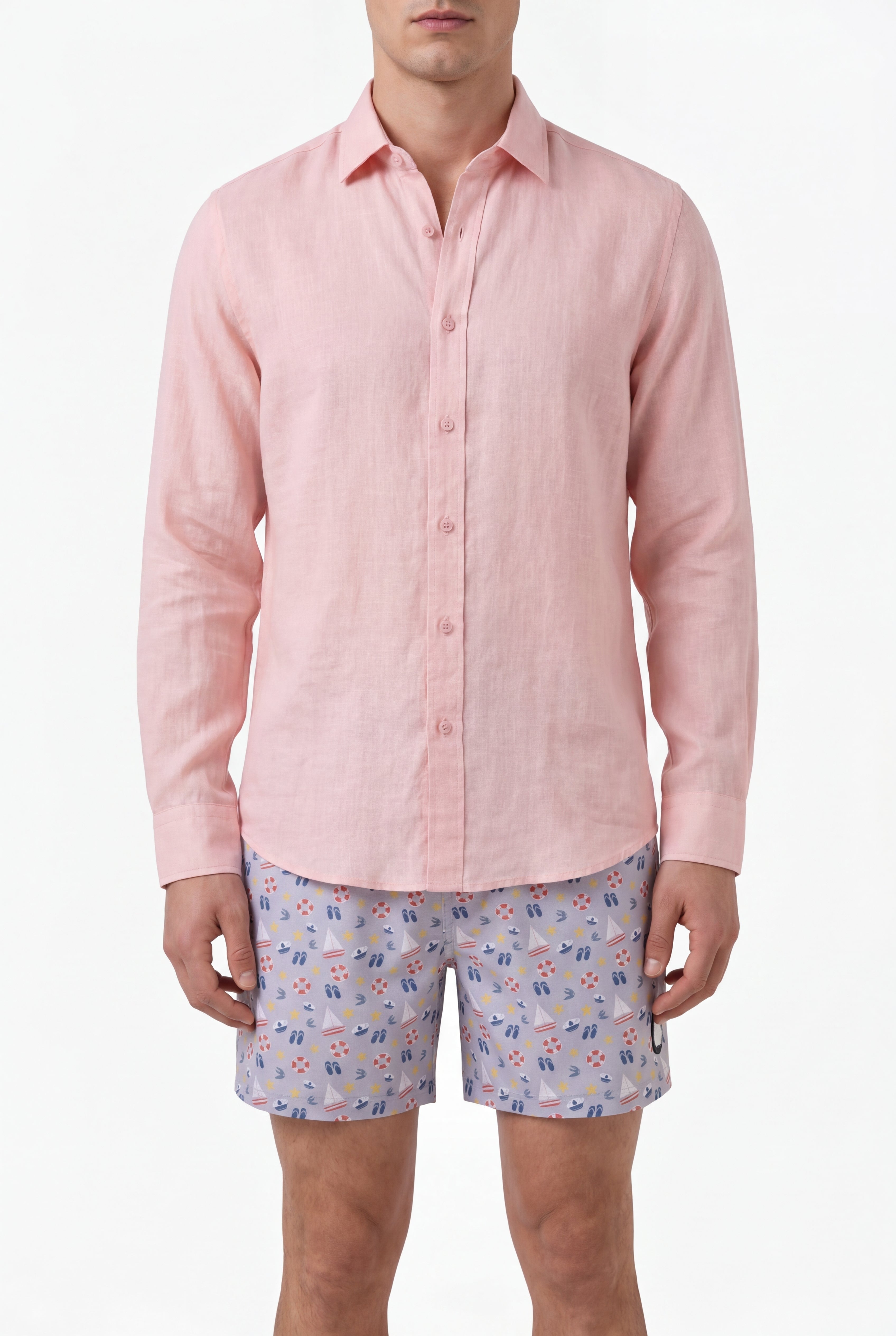 Nautical Swim Shorts -Gray × Linen Long Sleeves-Pink — Combo Look