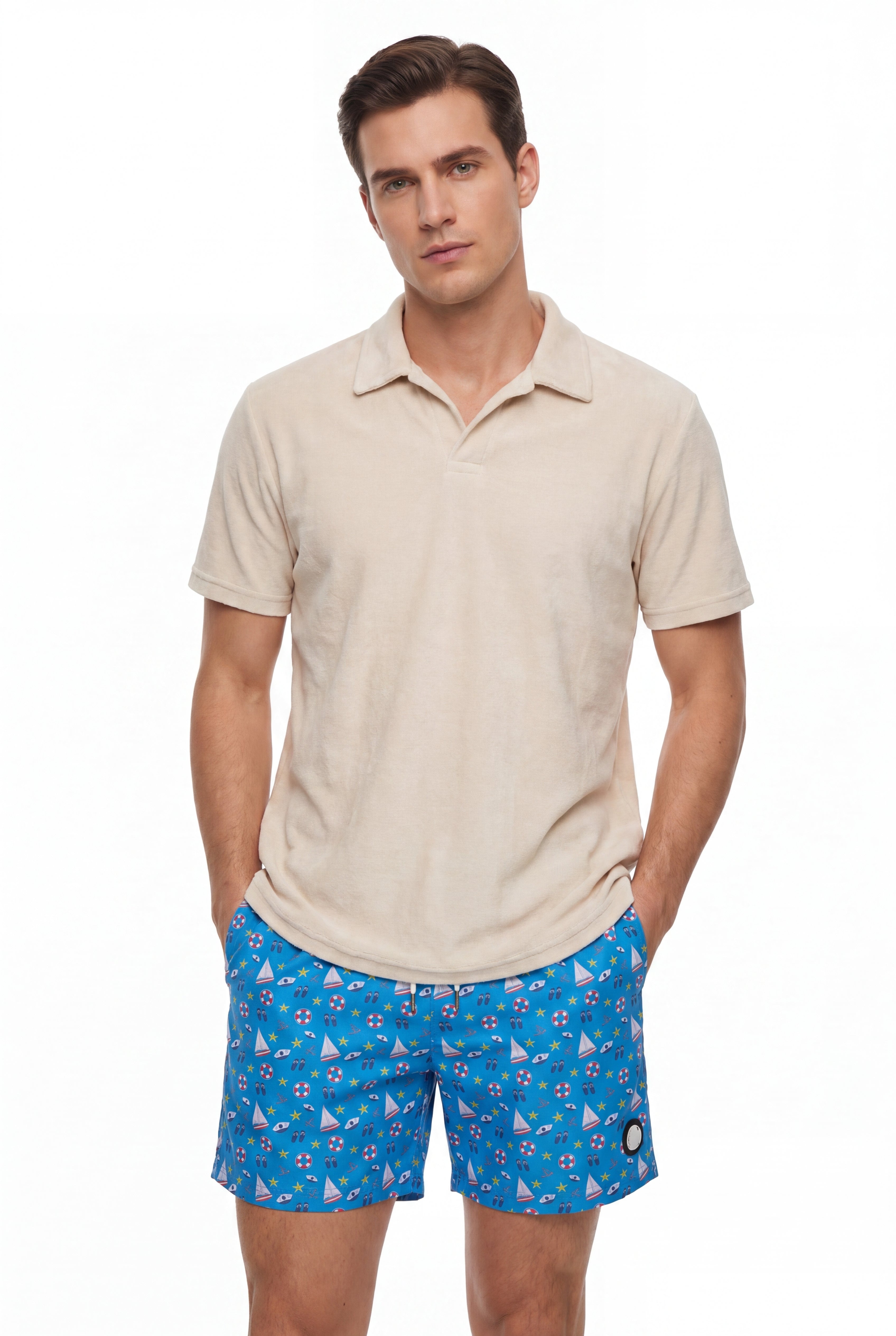 Nautical Swim Shorts -Blue × Towel Hoodie-Beige — Combo Look