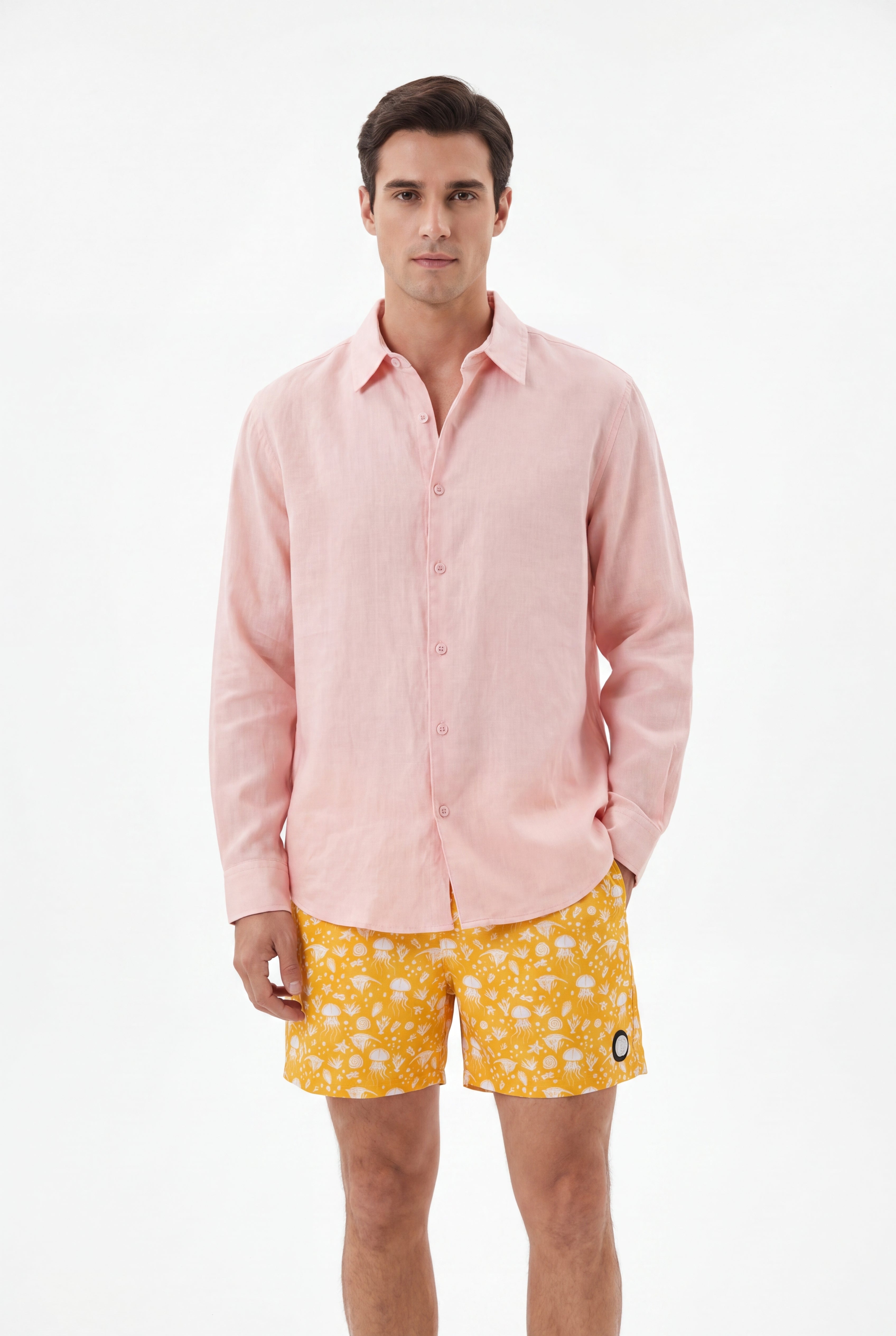 Creature Swim Shorts -Yellow × Linen Long Sleeves-Pink — Combo Look