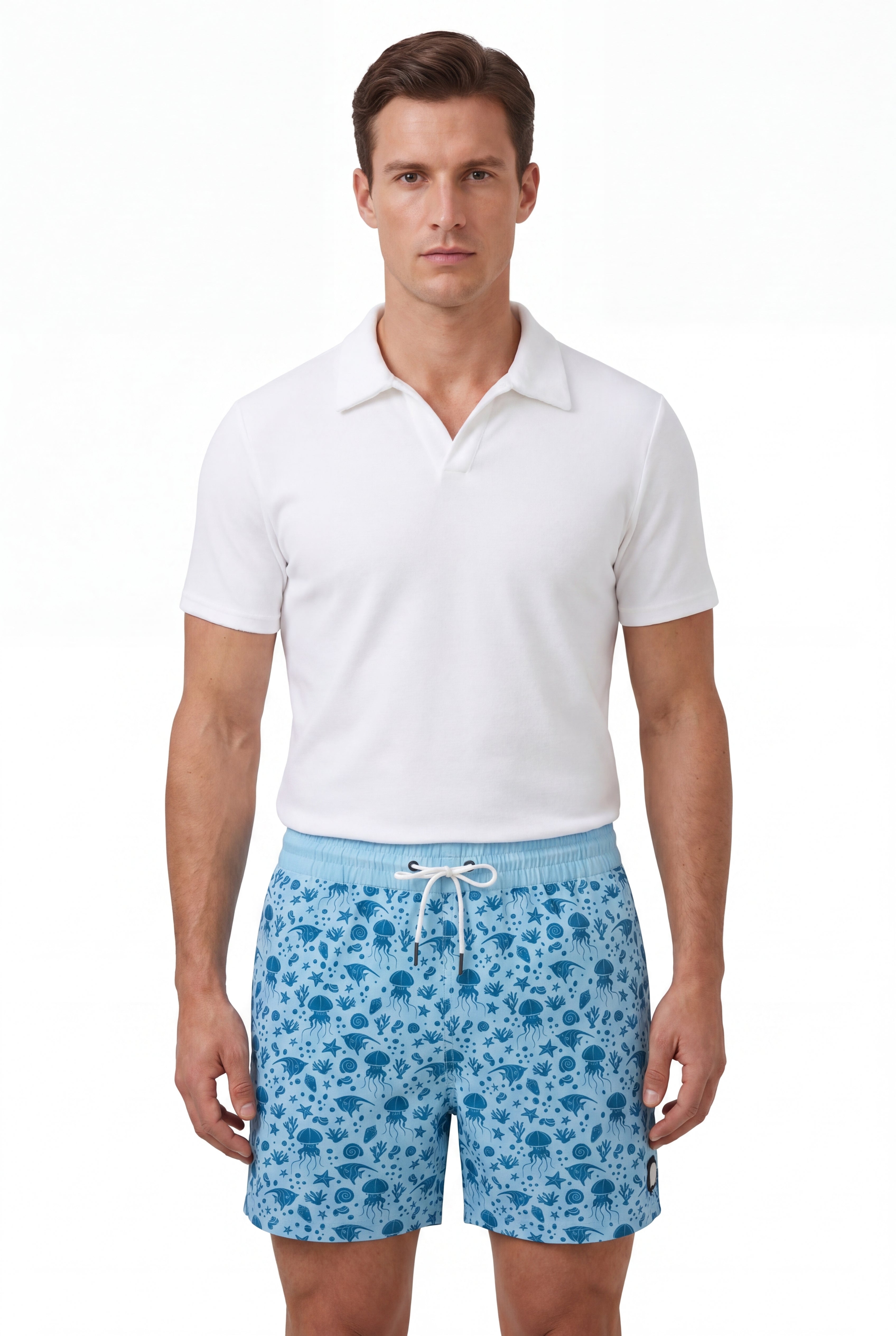 Creature Swim Shorts -Light-Blue × Towel Polo-White — Combo Look