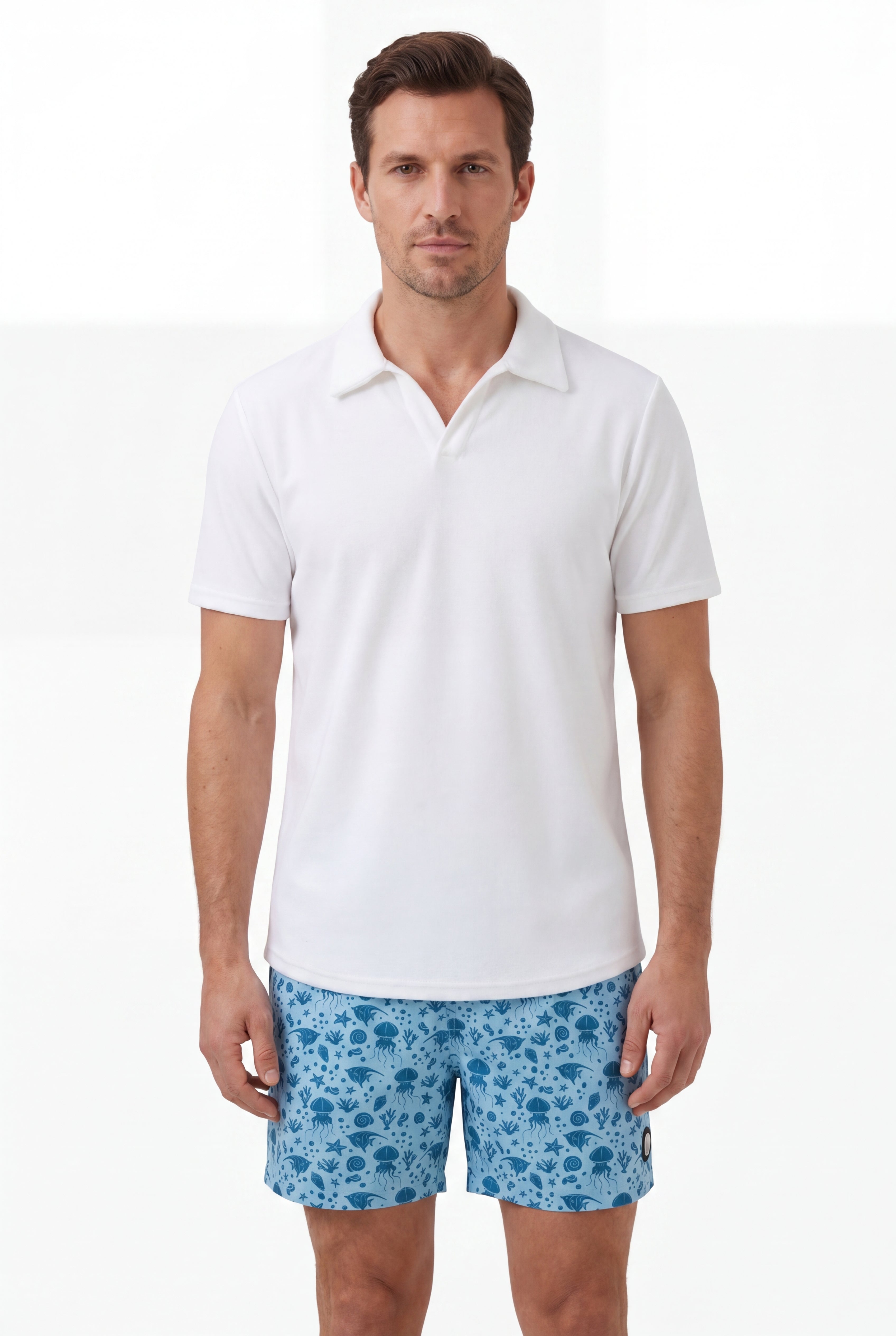 Creature Swim Shorts -Light-Blue × Towel Polo-White — Combo Look