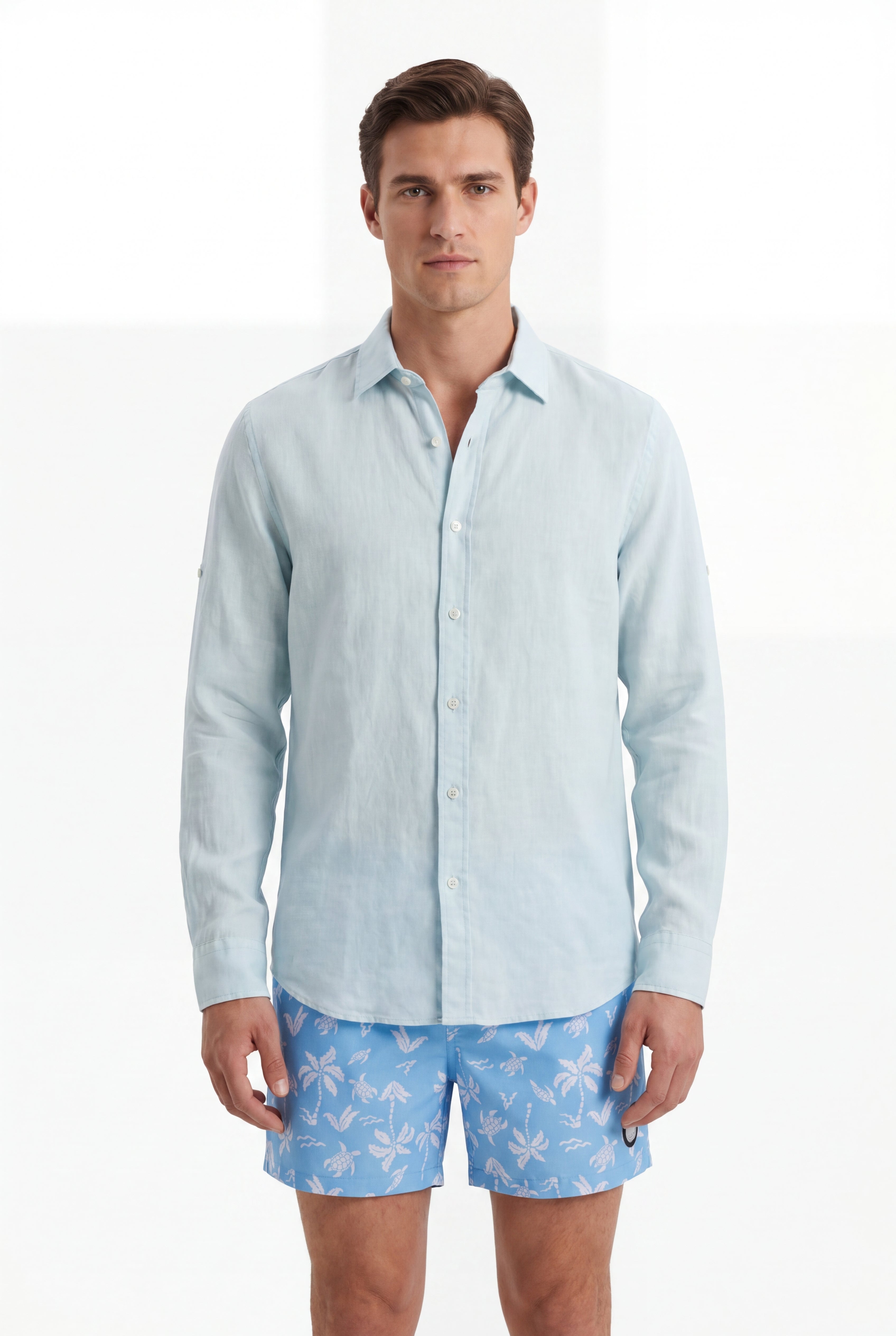 Aqua Palms Swim Shorts -Sky-Blue × Linen Long Sleeves-Baby-Blue — Combo Look