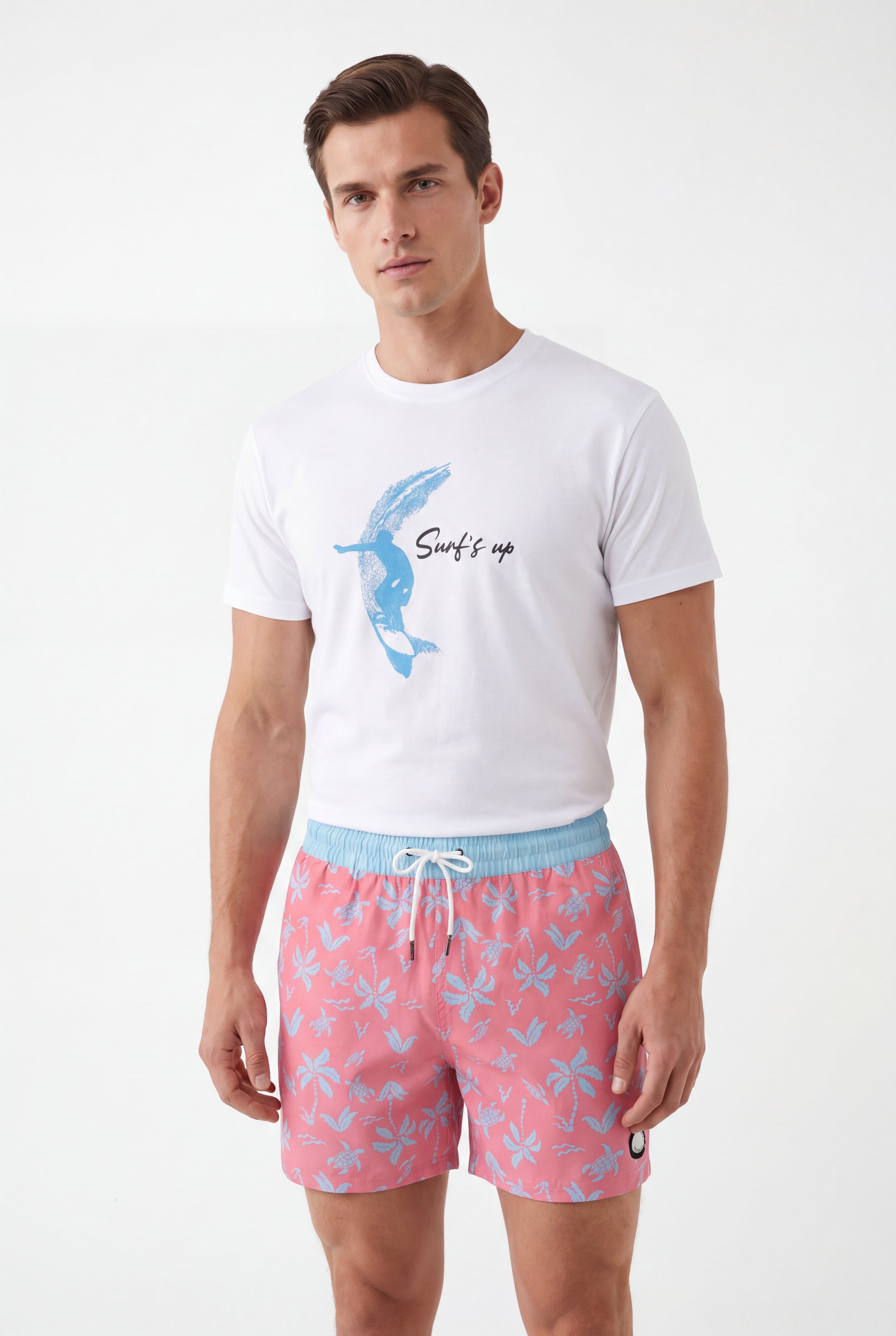 Aqua Palms Swim Shorts -Blue/Pink