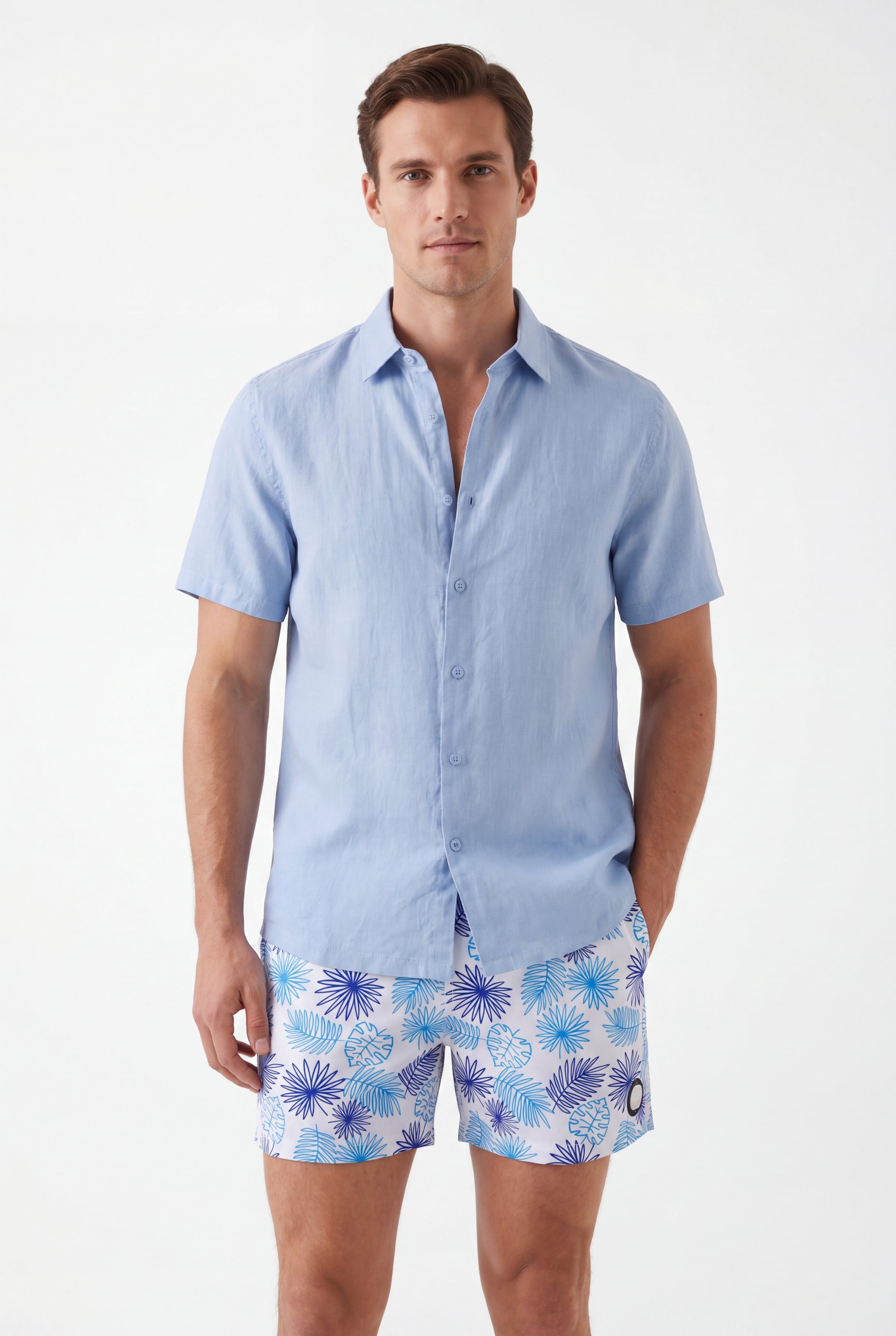 Tropical Swim Short - White × Towel Hoodie-Beige — Combo Look