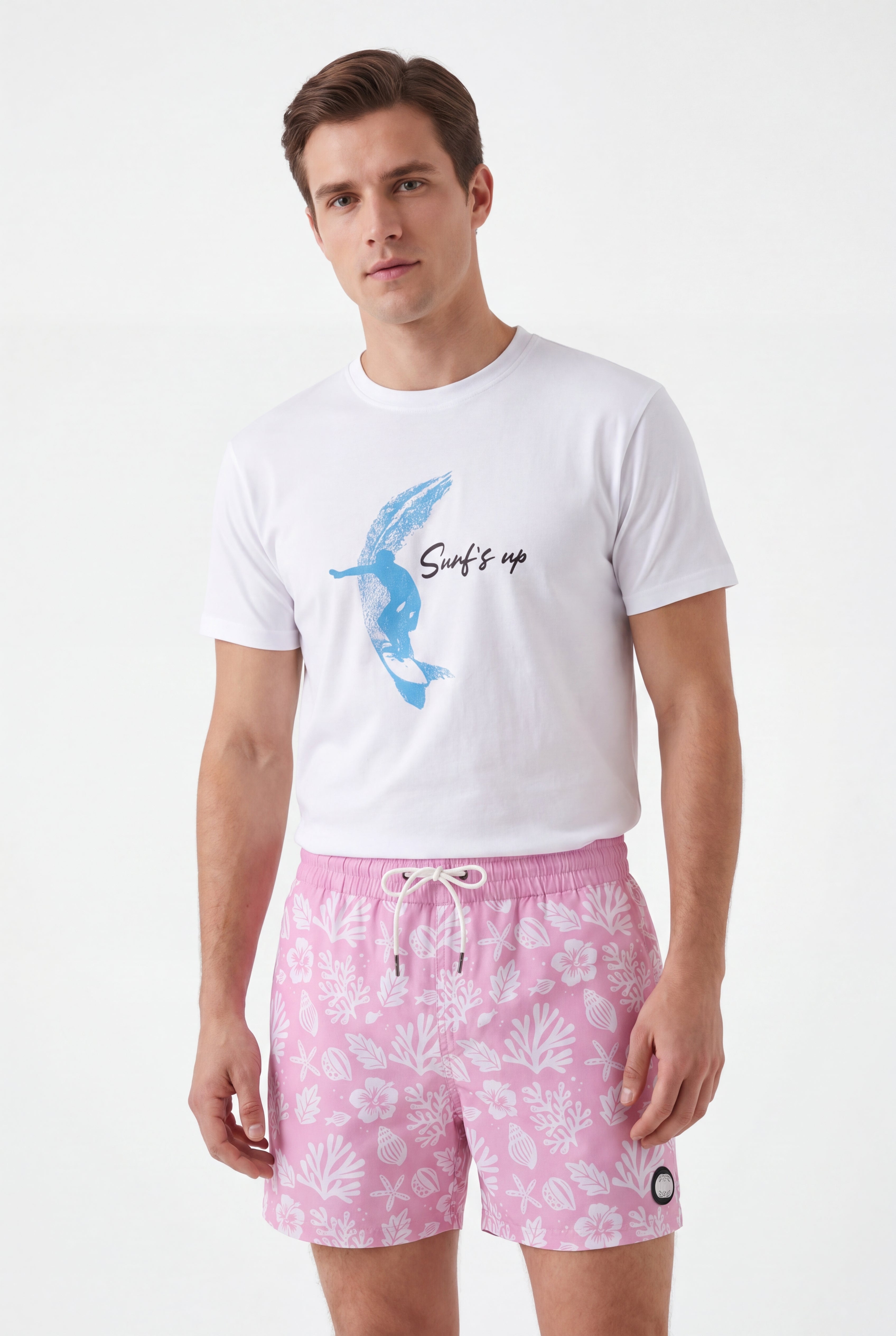 Sea Leaves Swim Short -Pink × Linen Long Sleeves-Lemon-Yellow — Combo Look