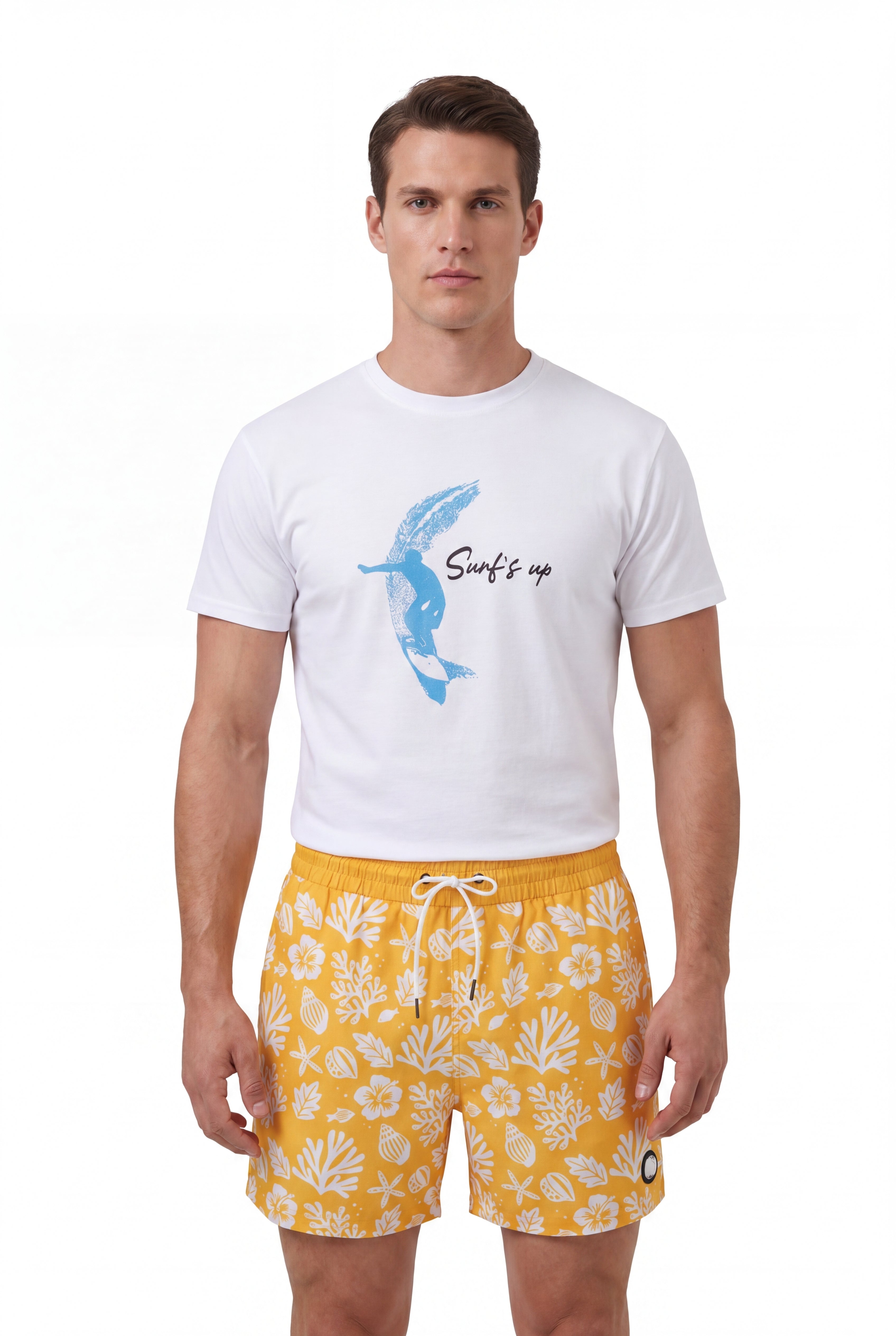 Sea Leaves Swim Short -Yellow × Linen Long Sleeves-Lemon-Yellow — Combo Look