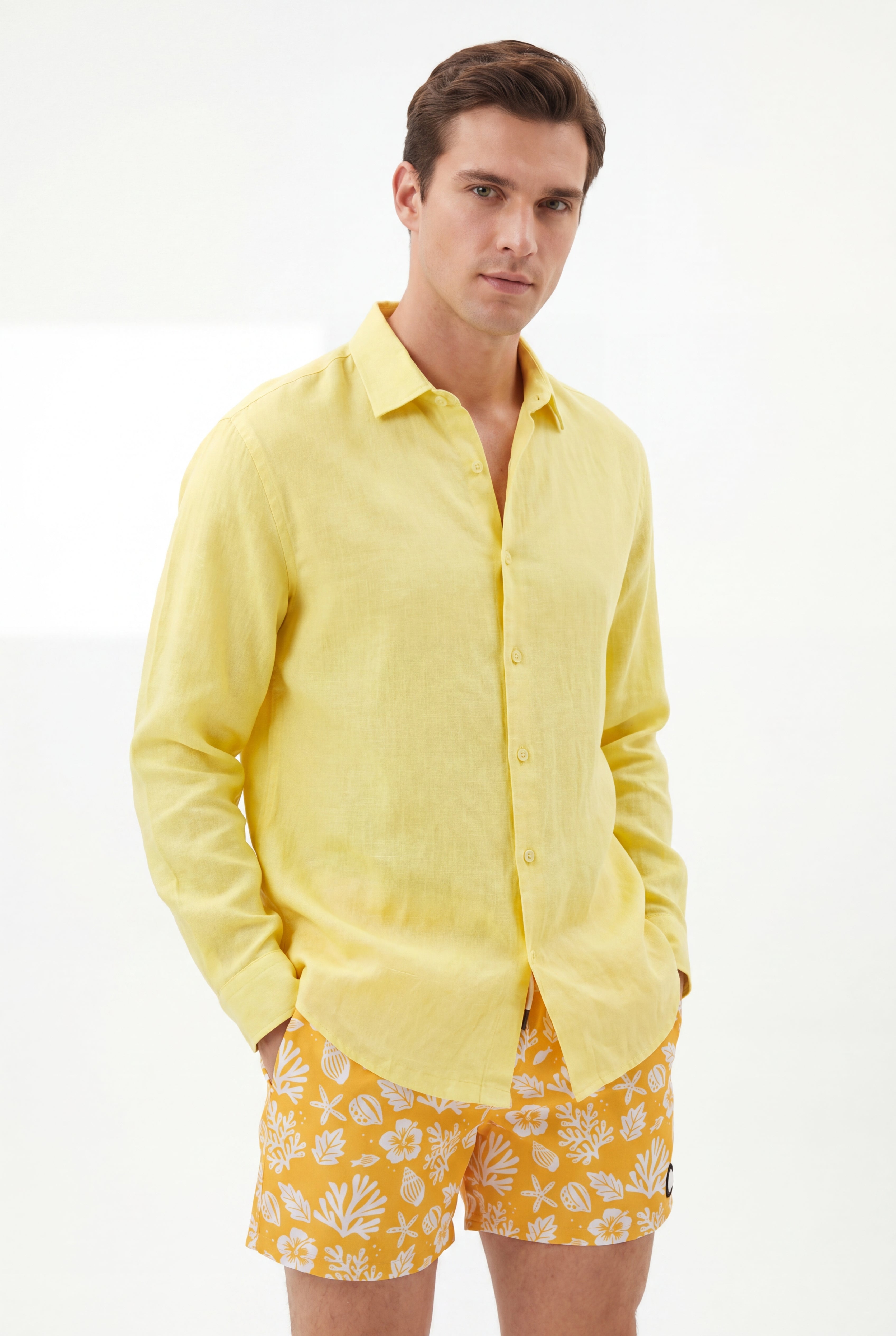 Sea Leaves Swim Short -Yellow × Linen Long Sleeves-Lemon-Yellow — Combo Look