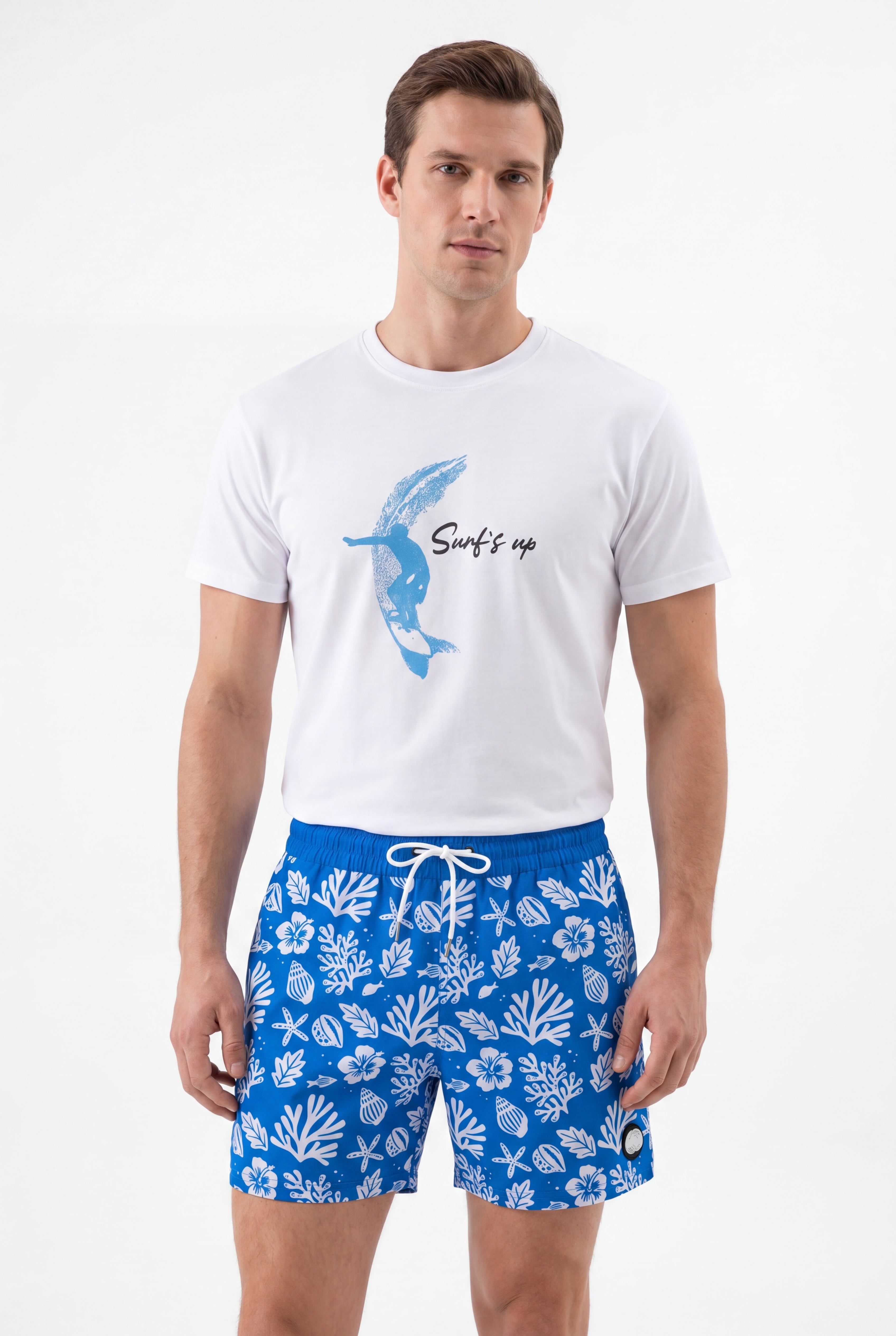 Sea Leaves Swim Short -Blue × Towel Hoodie-Baby-Blue — Combo Look