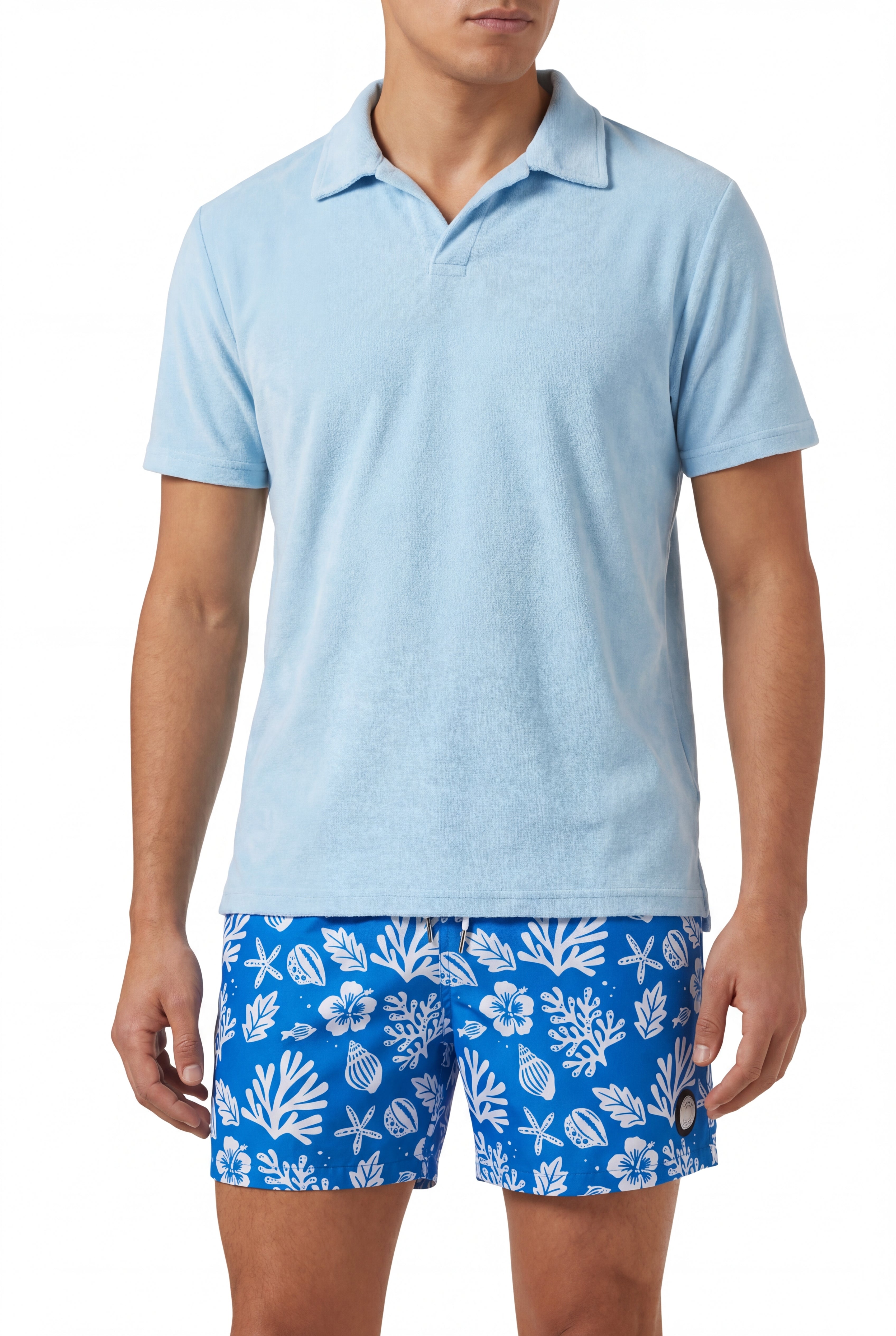 Sea Leaves Swim Short -Blue × Towel Hoodie-Baby-Blue — Combo Look