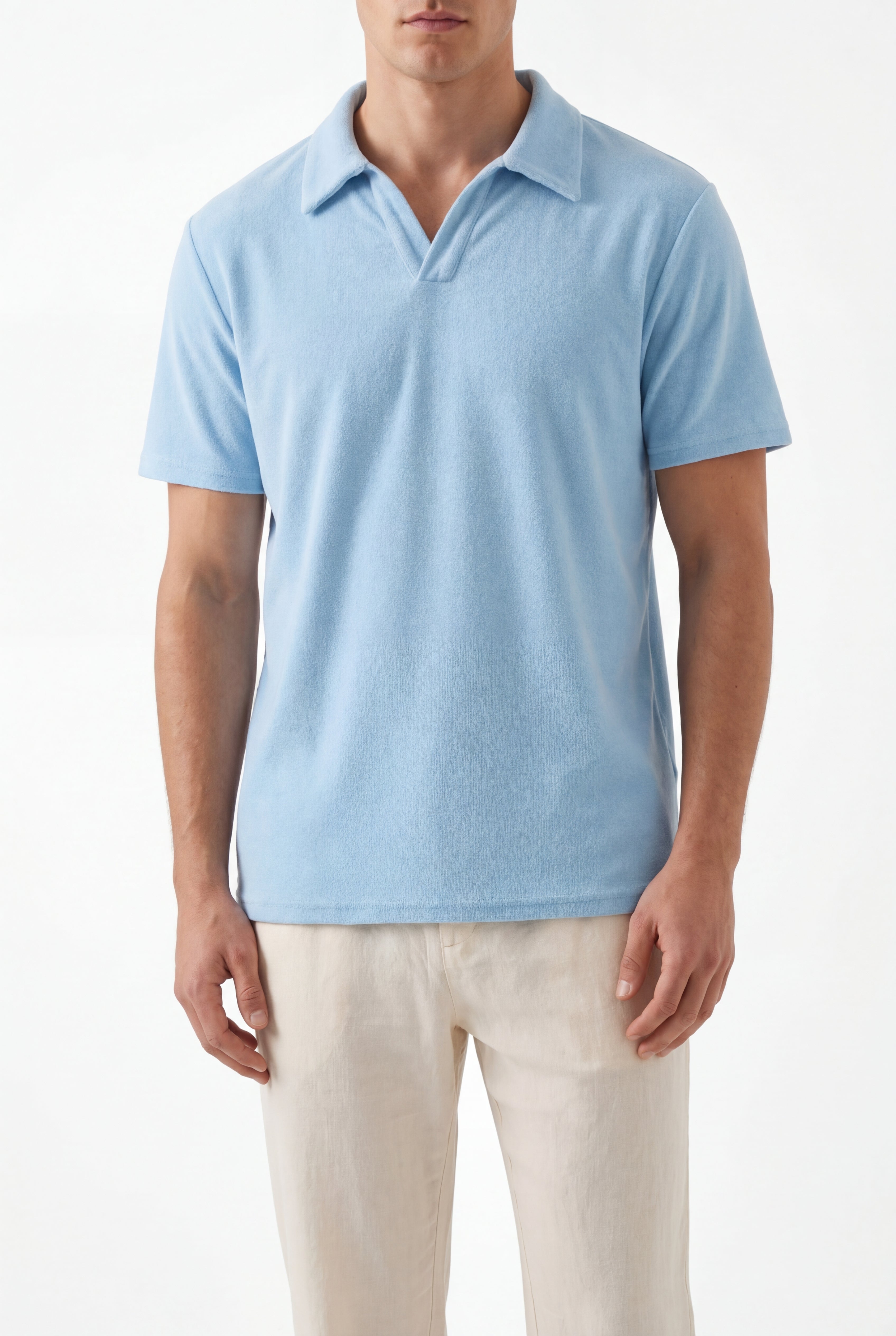 Towel Polo-Baby Blue × Linen Pants-Ivory — Combo Look