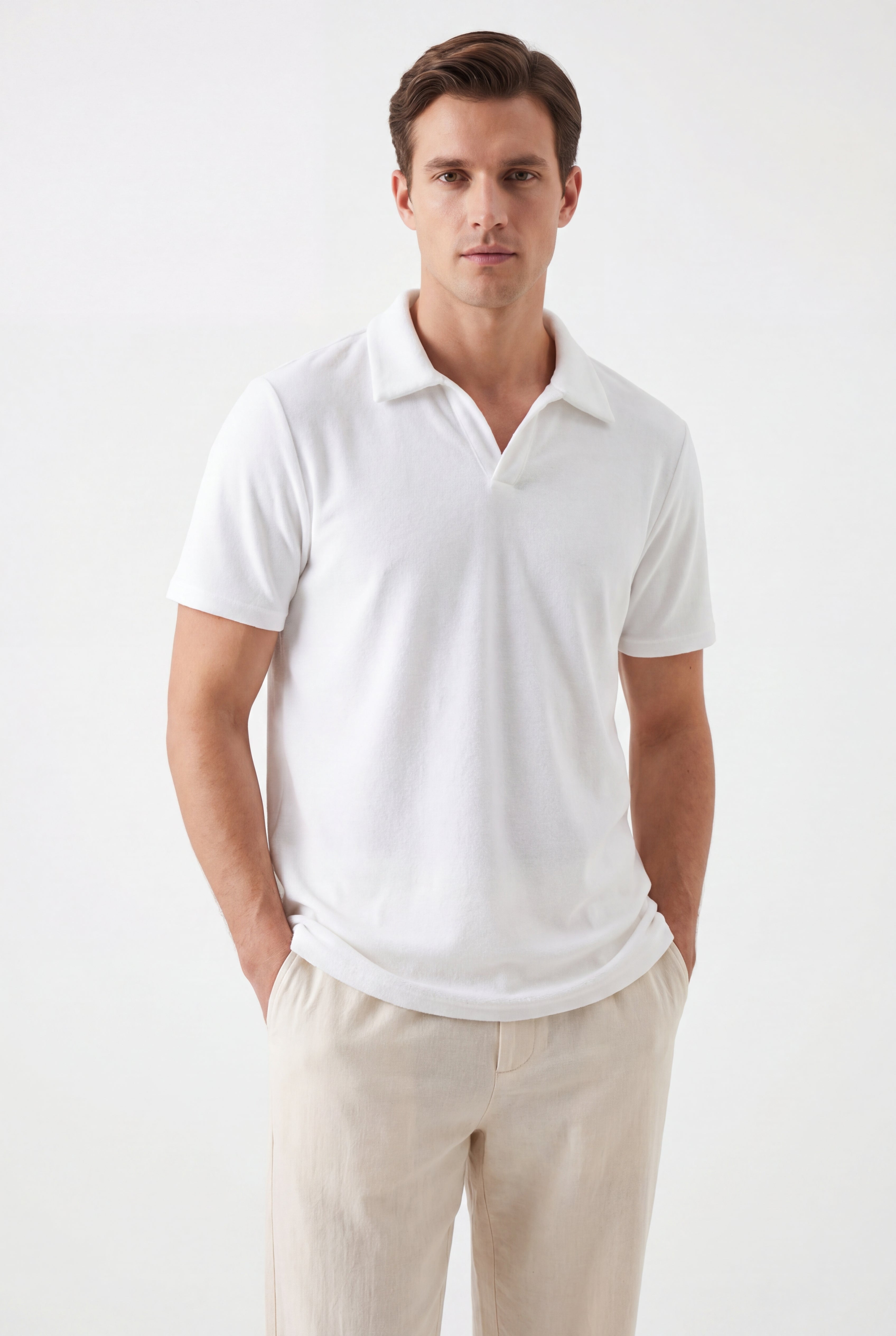 Towel Polo-White × Linen Pants-Ivory — Combo Look