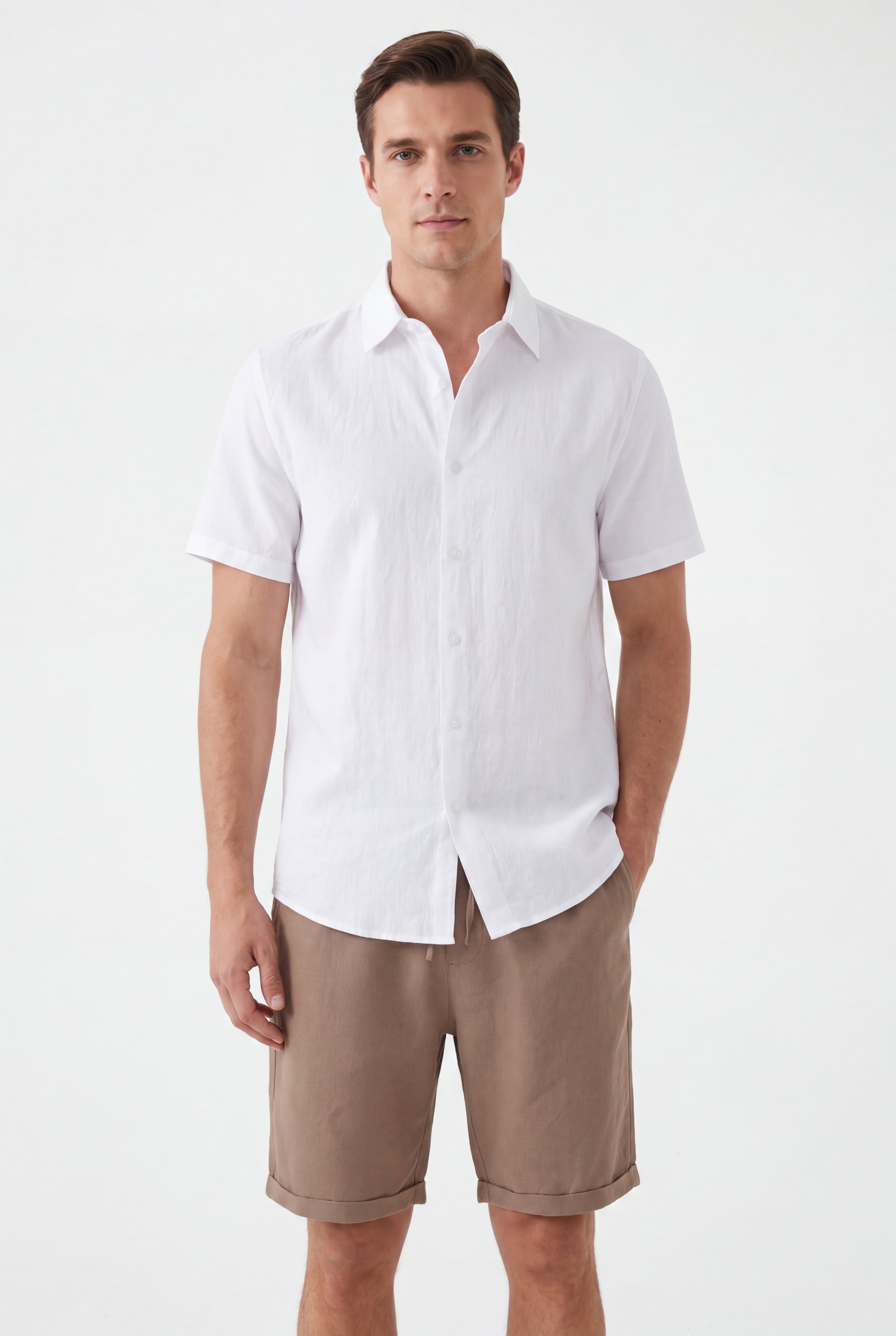 Linen Short-Brown × Linen Short Sleeves-White — Combo Look
