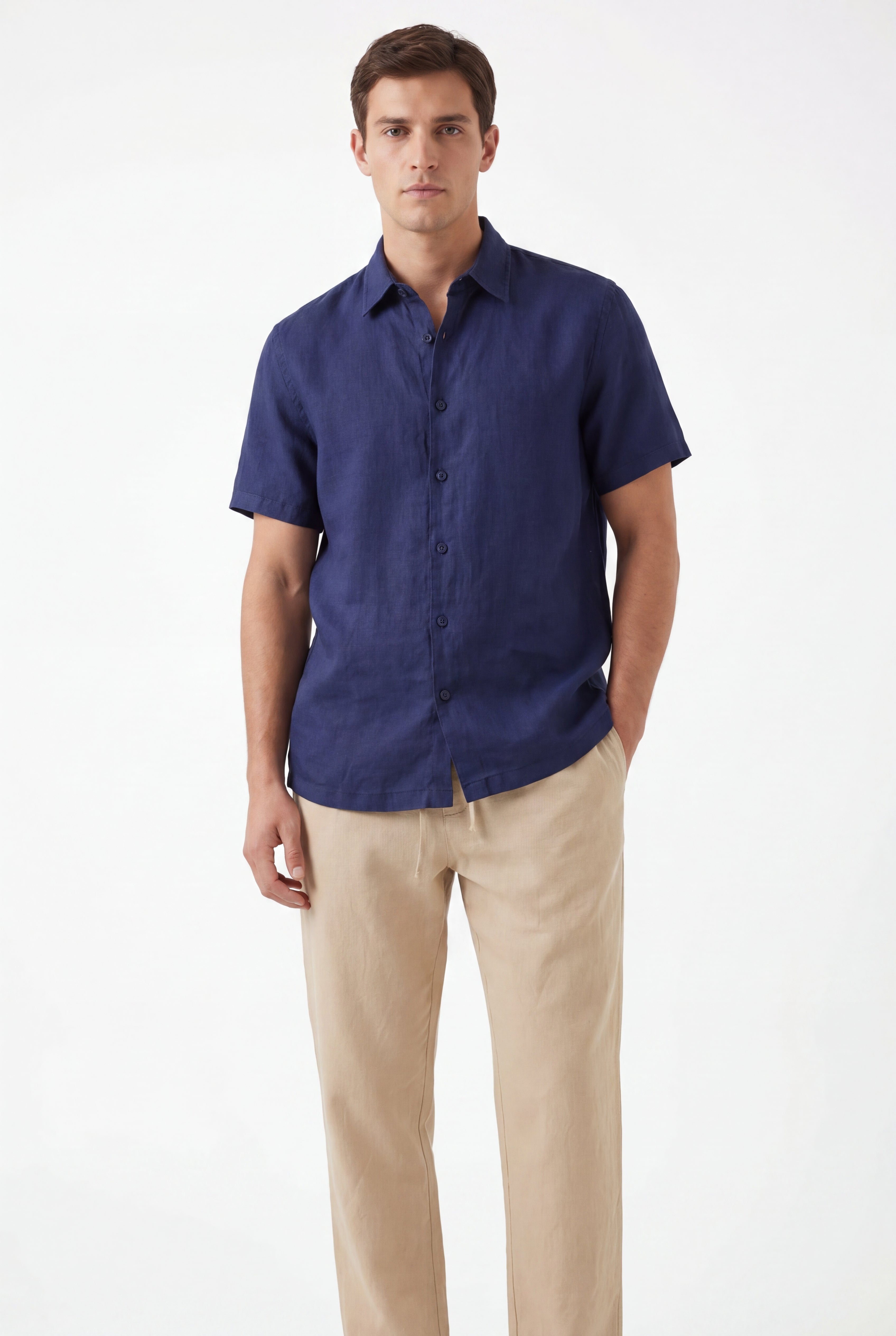 Linen Short Sleeves-Navy × Linen Pants-Beige — Combo Look
