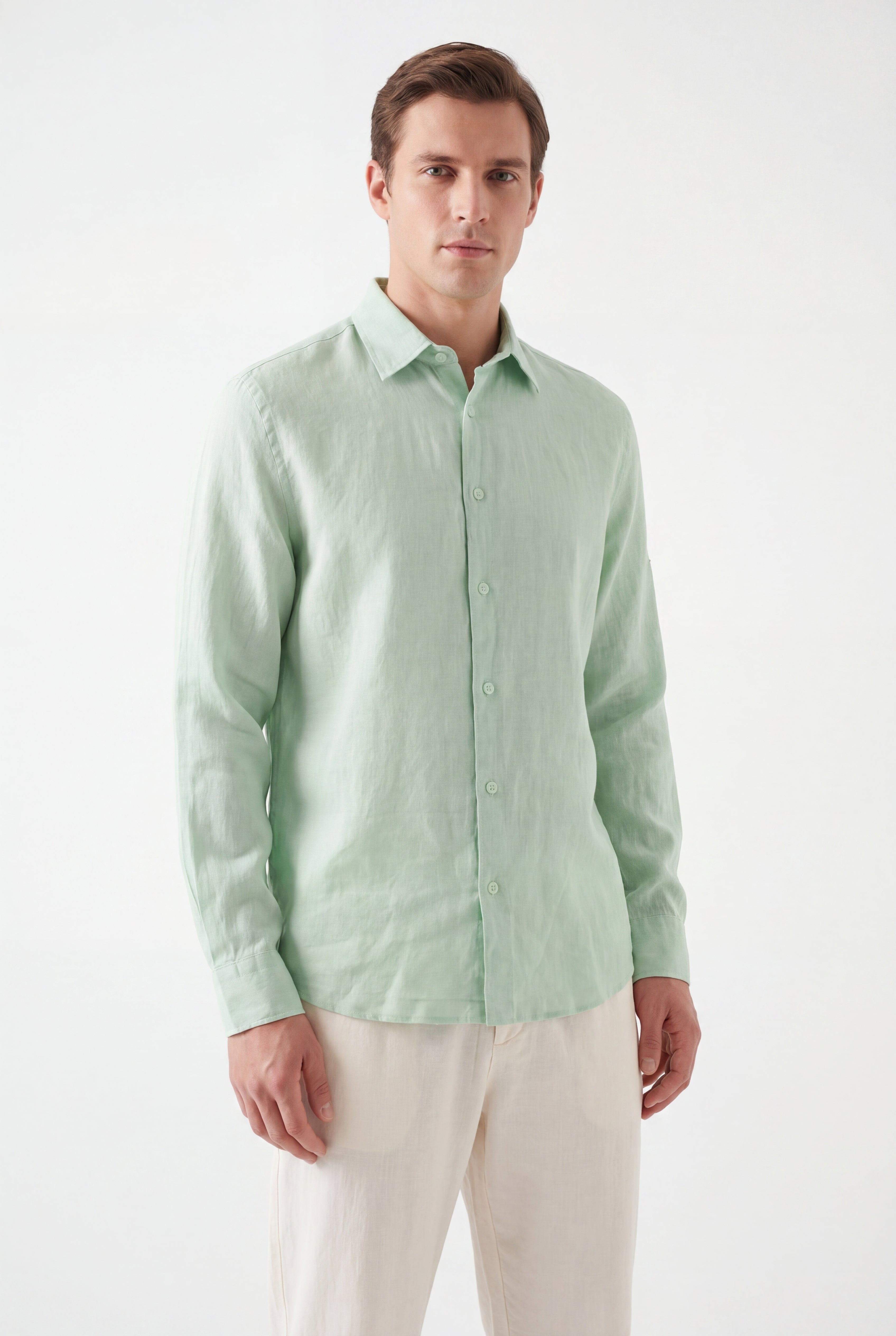 Linen Long Sleeves-Mint-Green × Linen Pants-Ivory — Combo Look
