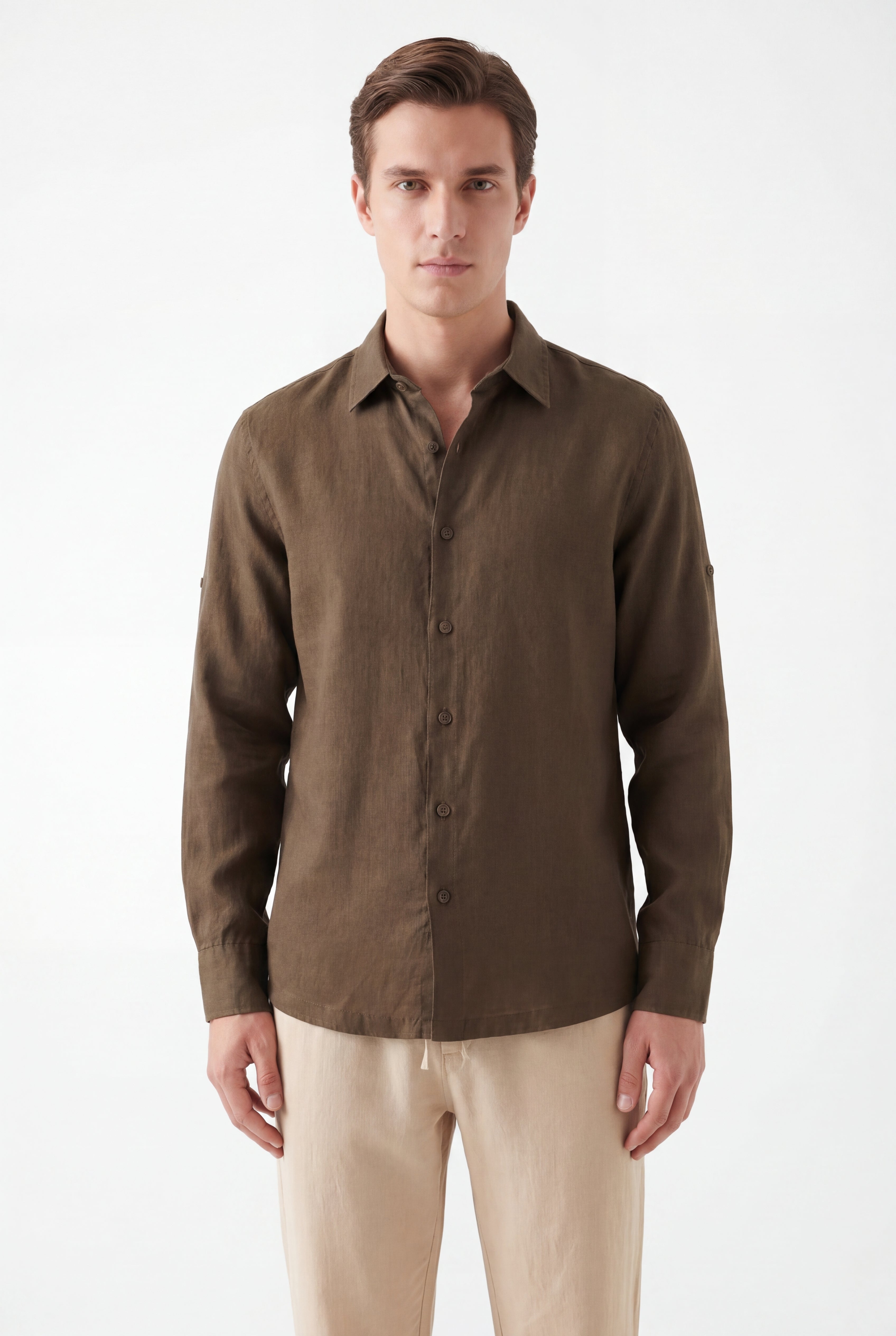 Linen Long Sleeves-Olive × Linen Pants-Beige — Combo Look