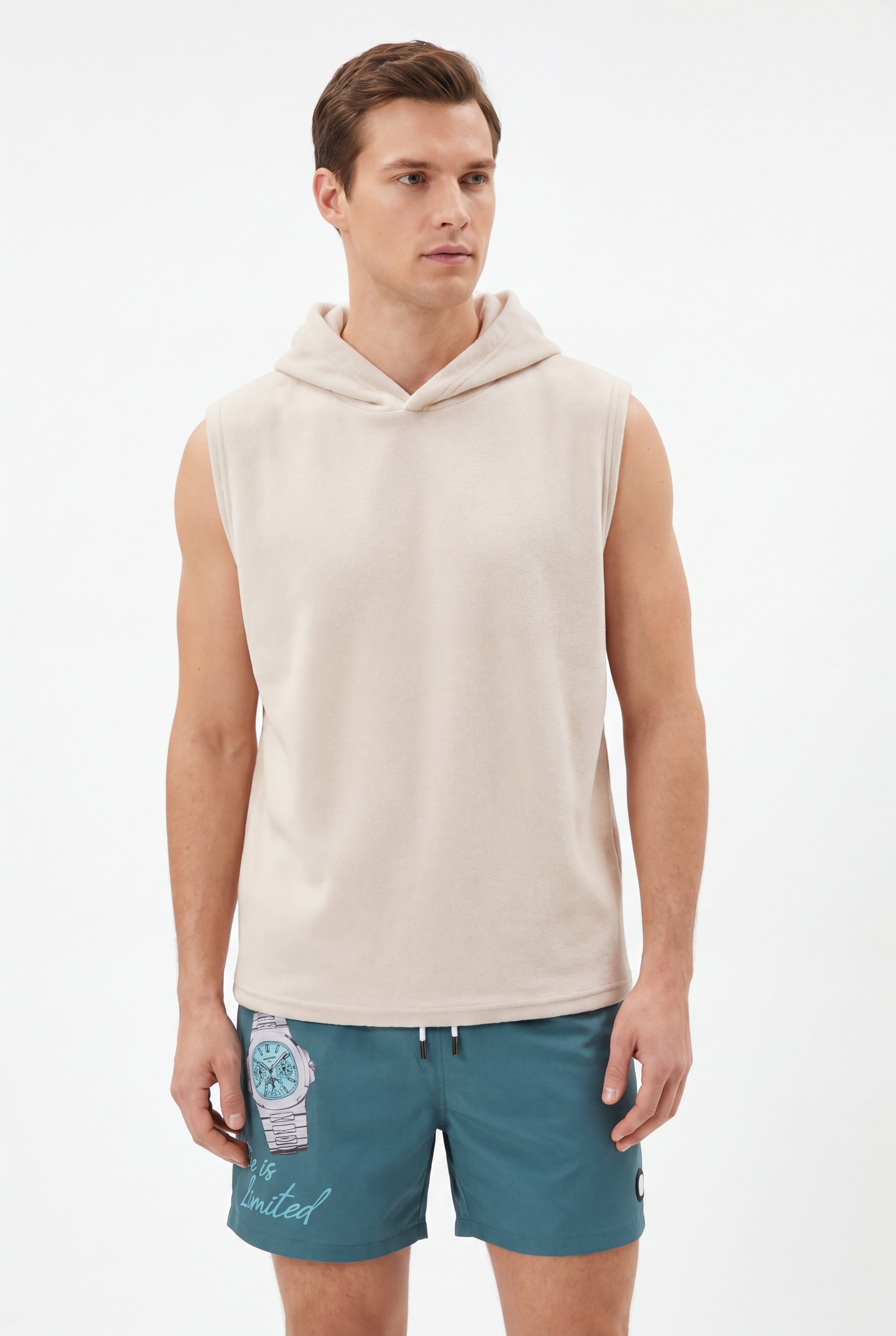 Swimming shorts Time is limited × Towel Hoodie-Beige — Combo Look
