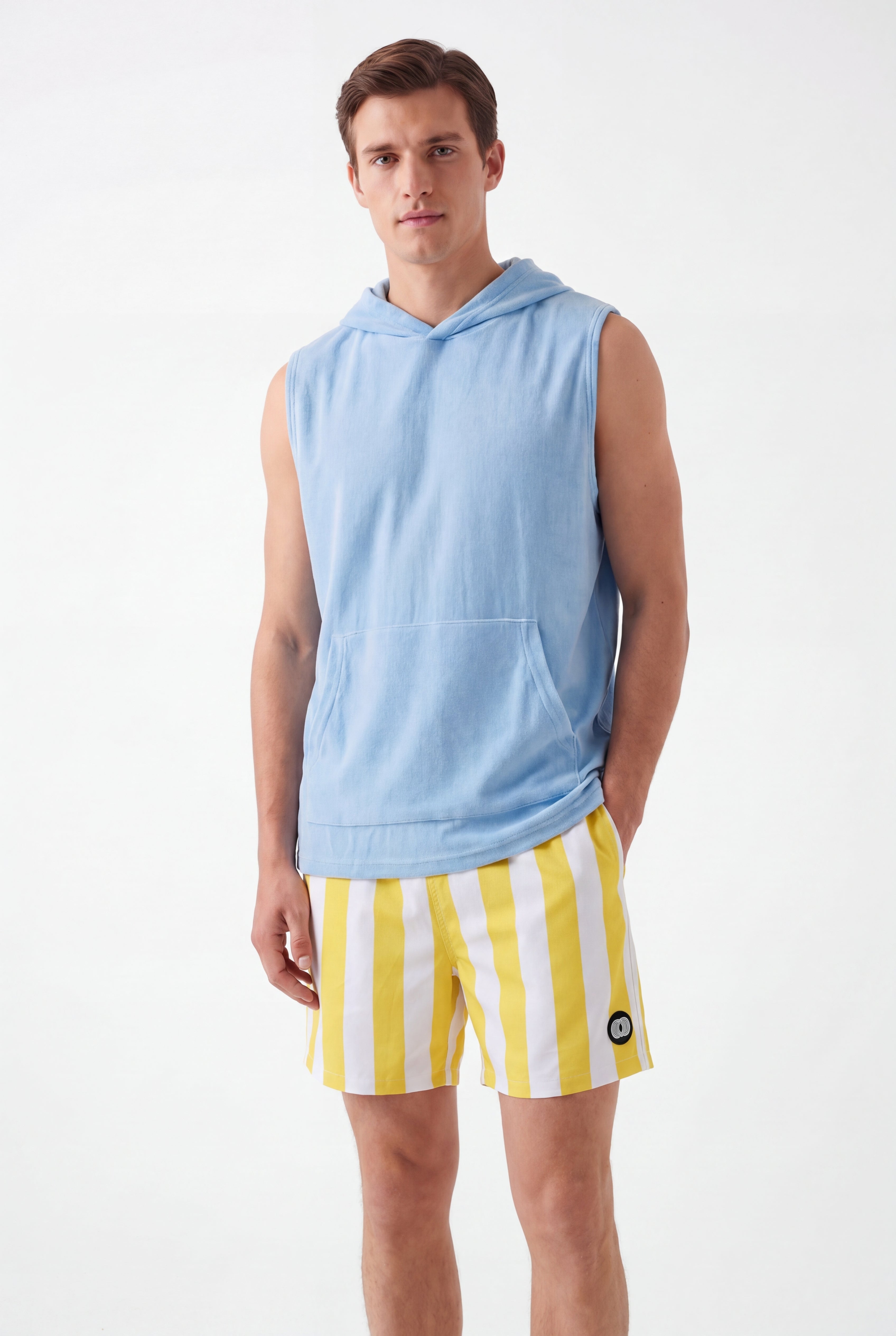 Swimming shorts-Stripe-Yellow × Towel Hoodie-Baby-Blue — Combo Look
