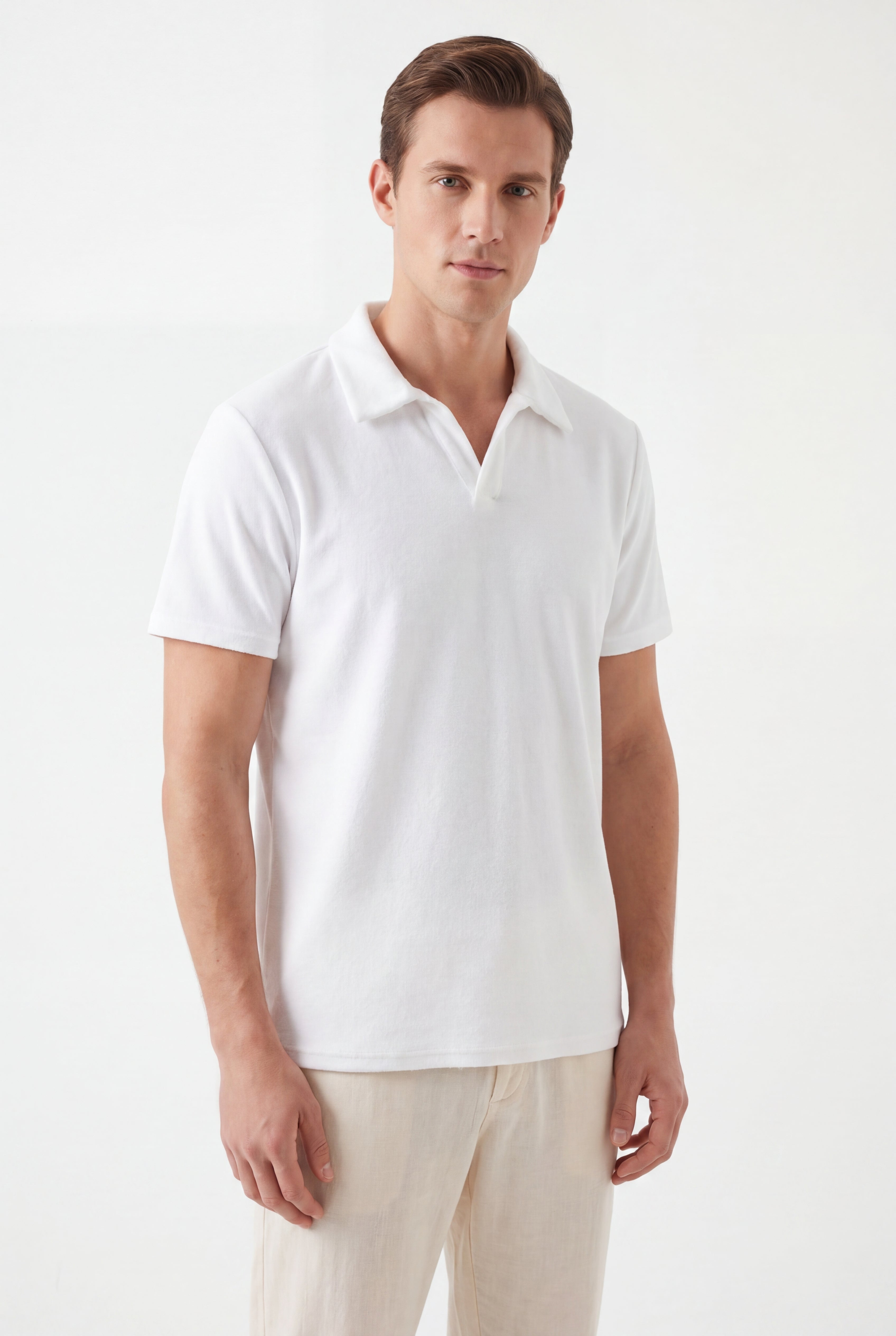 Towel Polo-White × Linen Pants-Ivory — Combo Look