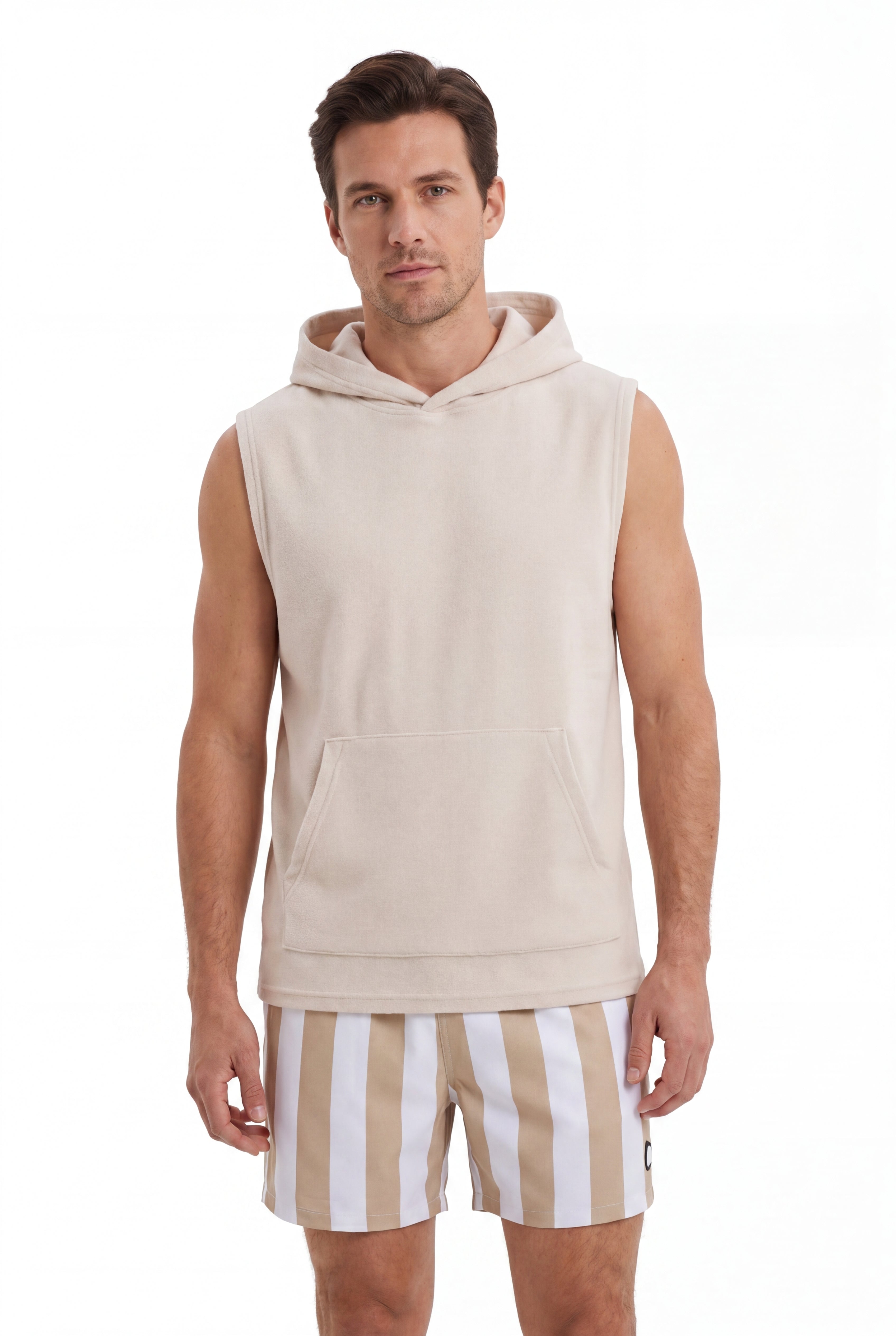 Swimming shorts-Stripe-Baige × Towel Hoodie-Beige — Combo Look