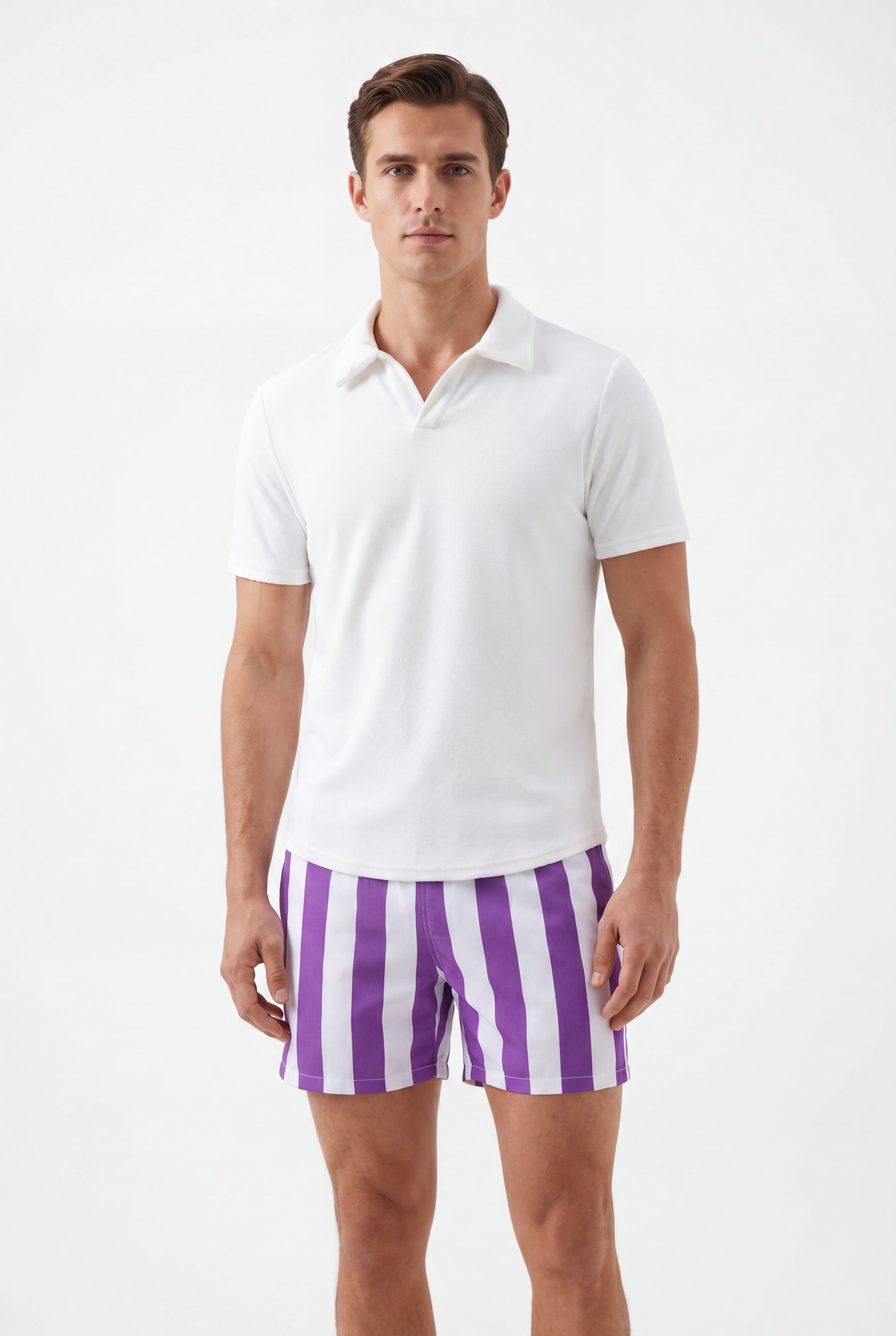 Swimming shorts-Stripe-Purple × Towel Polo-Pink — Combo Look