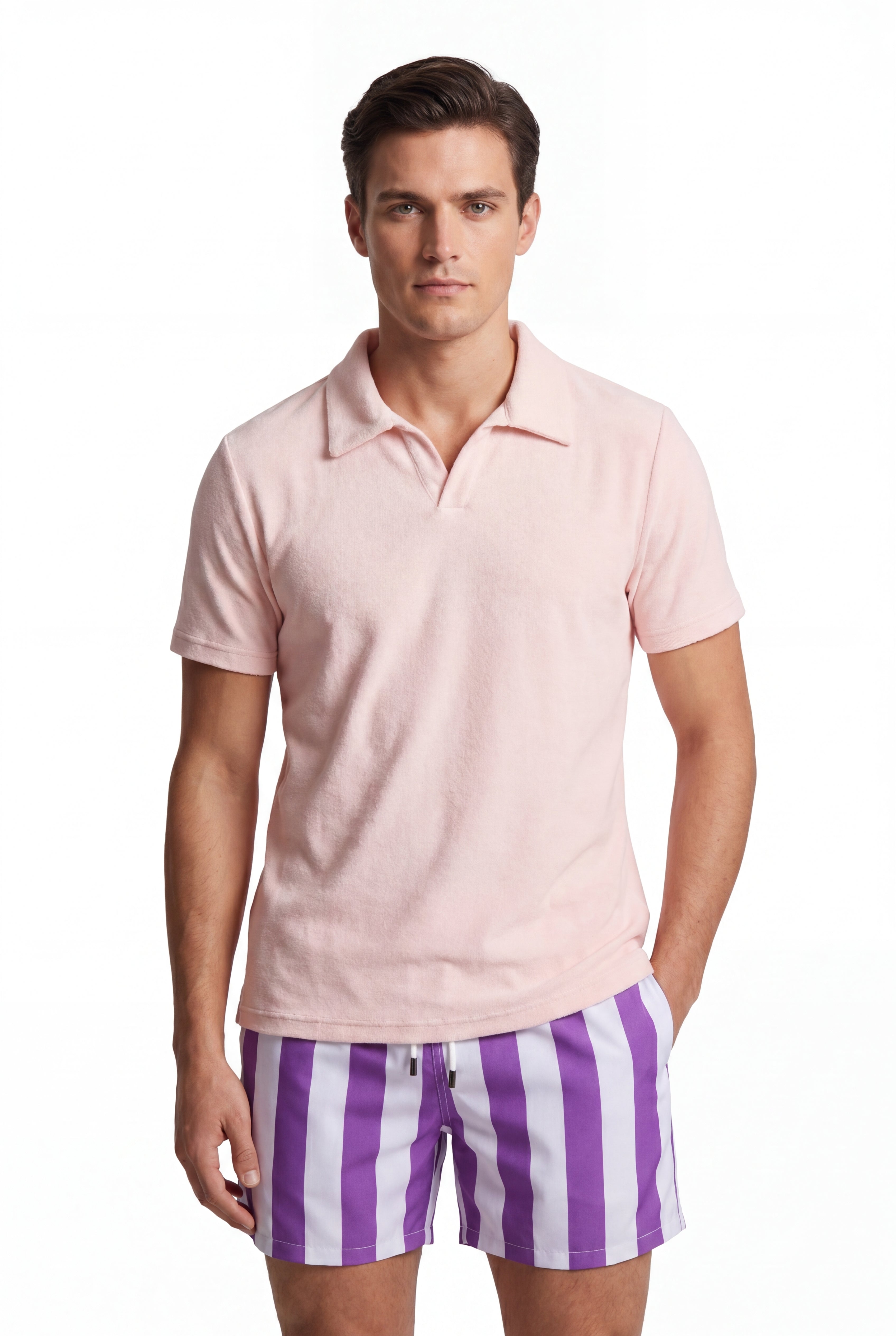 Swimming shorts-Stripe-Purple × Towel Polo-Pink — Combo Look