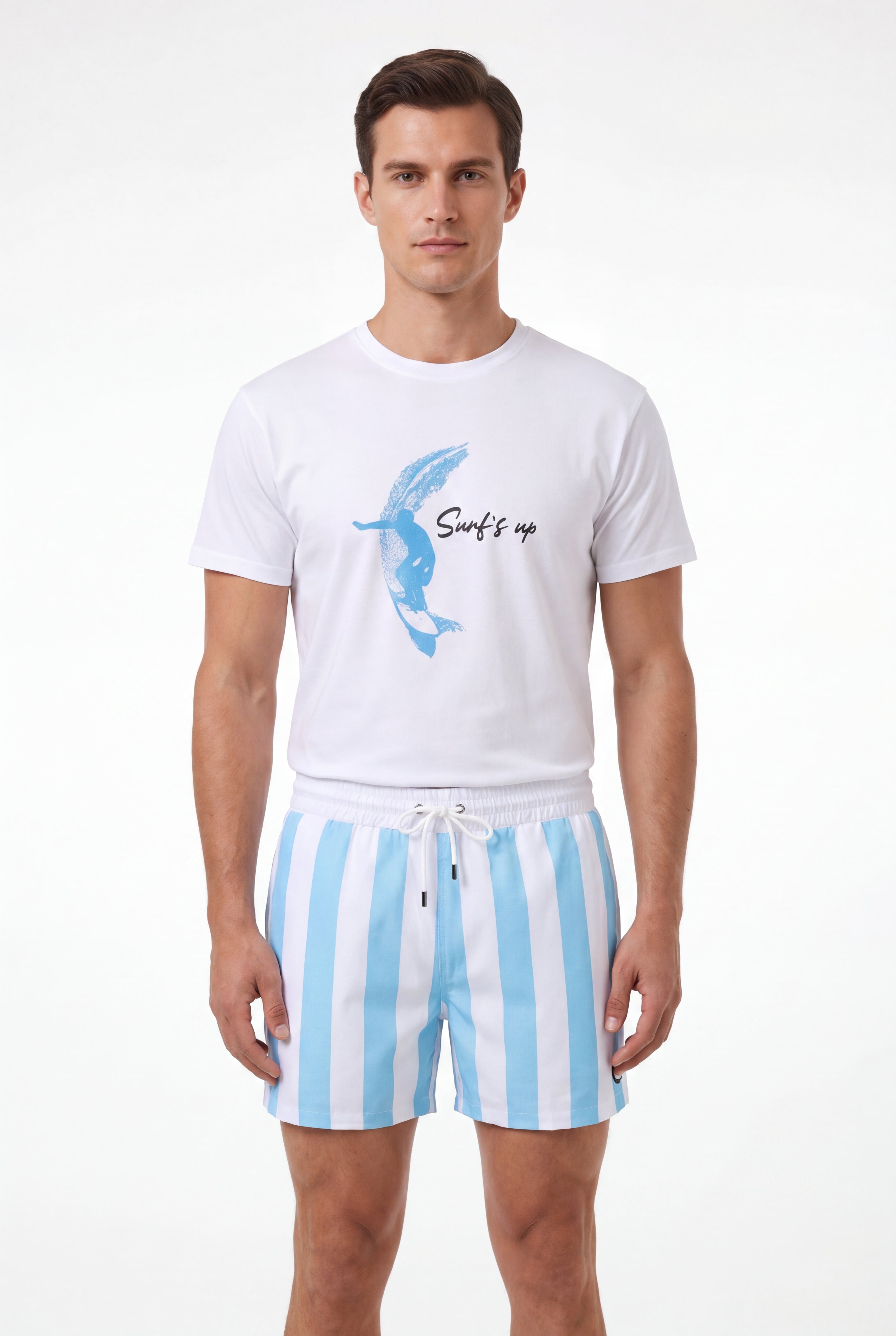 Swimming shorts-Stripe-Baby-Blue × Towel Hoodie-Baby-Blue — Combo Look