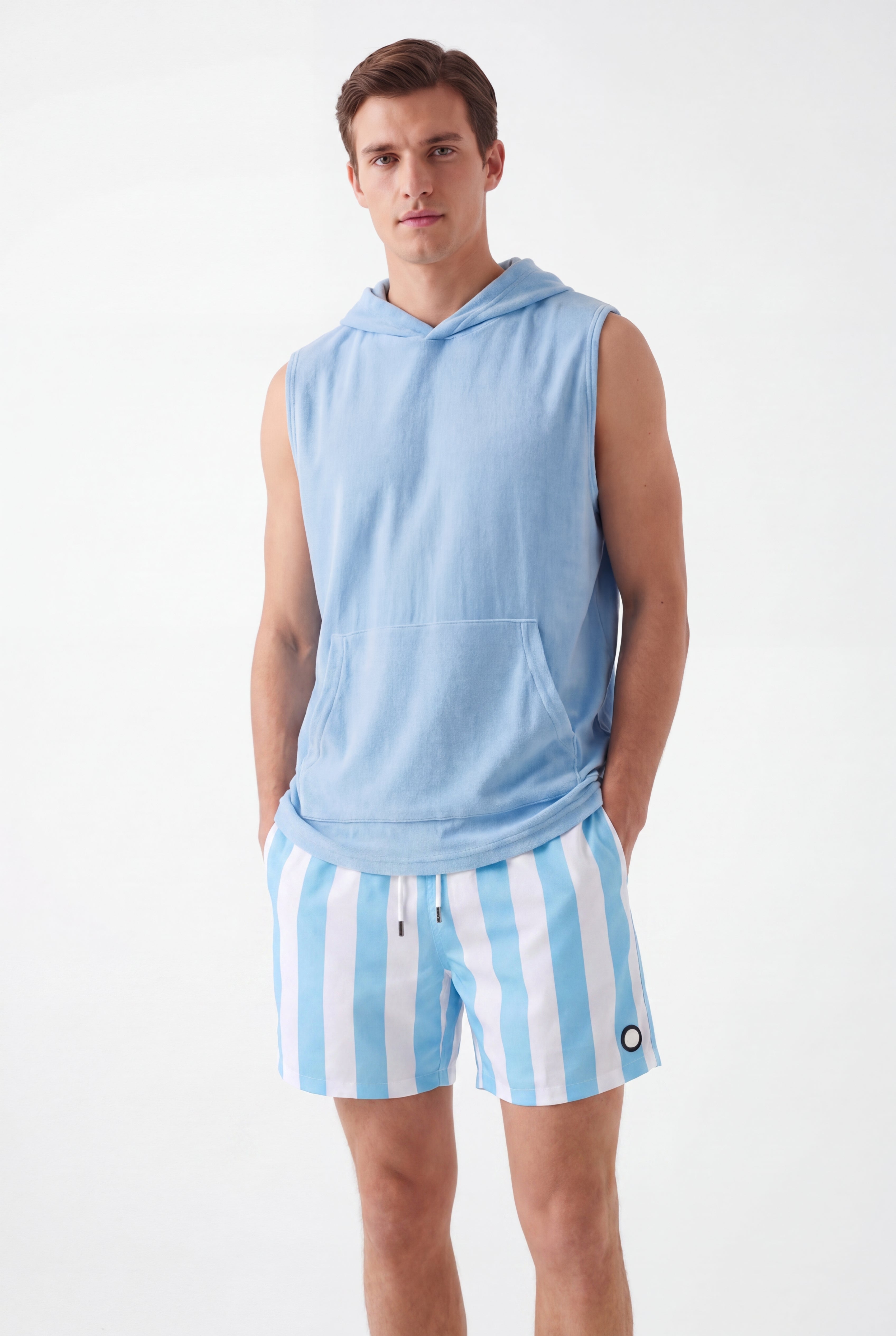 Swimming shorts-Stripe-Baby-Blue × Towel Hoodie-Baby-Blue — Combo Look